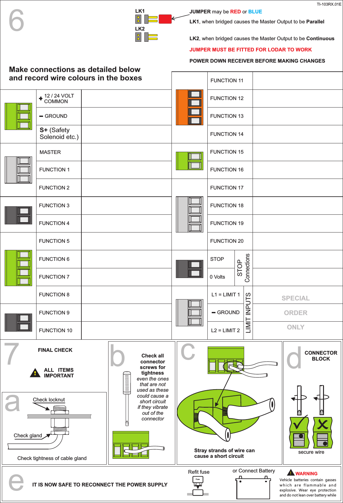 GROUND12 / 24 VOLT COMMONFUNCTION 5FUNCTION 6FUNCTION 7FUNCTION 8MASTERFUNCTION 1FUNCTION 2LK1FUNCTION 3FUNCTION 46Make connections as detailed belowand record wire colours in the boxesLK2LK1, when bridged causes the Master Output to be ParallelLK2, when bridged causes the Master Output to be ContinuousJUMPER MUST BE FITTED FOR LODAR TO WORKPOWER DOWN RECEIVER BEFORE MAKING CHANGESJUMPER may be   or   RED BLUESTOPConnectionsS+ (Safety Solenoid etc.)L1 = LIMIT 1L2 = LIMIT 2LIMIT INPUTSFUNCTION 9FUNCTION 10FUNCTION 15FUNCTION 16FUNCTION 17FUNCTION 18FUNCTION 11FUNCTION 12FUNCTION 13FUNCTION 14FUNCTION 19FUNCTION 20STOP0 VoltsGROUND7FINAL CHECK!ALL   ITEMSIMPORTANTCheck all connector screws for tightnesseven the ones that are not used as these could cause a short circuitif they vibrate out of the connectorCheck locknutCheck glandCheck tightness of cable glandabStray strands of wire can cause a short circuitcdCONNECTORBLOCKPOsecure wireor Connect BatteryIT IS NOW SAFE TO RECONNECT THE POWER SUPPLYRefit fuseeFuseVehicle  batteries  contain  gasses w h i c h   a r e   f l a m m a b l e   a n d explosive.  Wear  eye  protection and do not lean over battery while !WARNINGSPECIALORDERONLYTI-103RX.01E