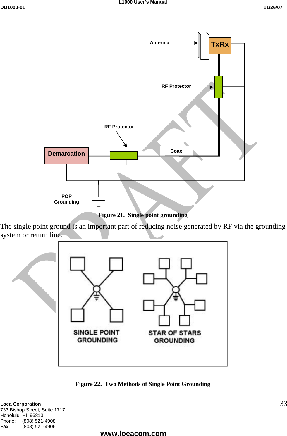 L1000 User&rsquo;s Manual DU1000-01           11/26/07   Loea Corporation       733 Bishop Street, Suite 1717 Honolulu, HI  96813 Phone:    (808) 521-4908 Fax: (808) 521-4906    www.loeacom.com 33 Figure 21.  Single point grounding The single point ground is an important part of reducing noise generated by RF via the grounding system or return line.    Figure 22.  Two Methods of Single Point Grounding Antenna Coax RF Protector TxRx POP Grounding Demarcation RF Protector