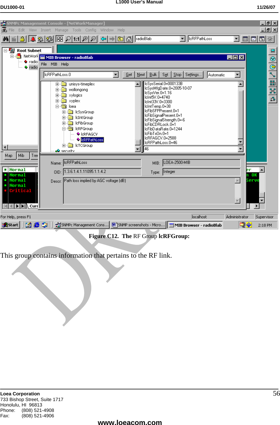 L1000 User&rsquo;s Manual DU1000-01           11/26/07   Loea Corporation       733 Bishop Street, Suite 1717 Honolulu, HI  96813 Phone:    (808) 521-4908 Fax: (808) 521-4906    www.loeacom.com 56 Figure C12.  The RF Group lcRFGroup:   This group contains information that pertains to the RF link.       