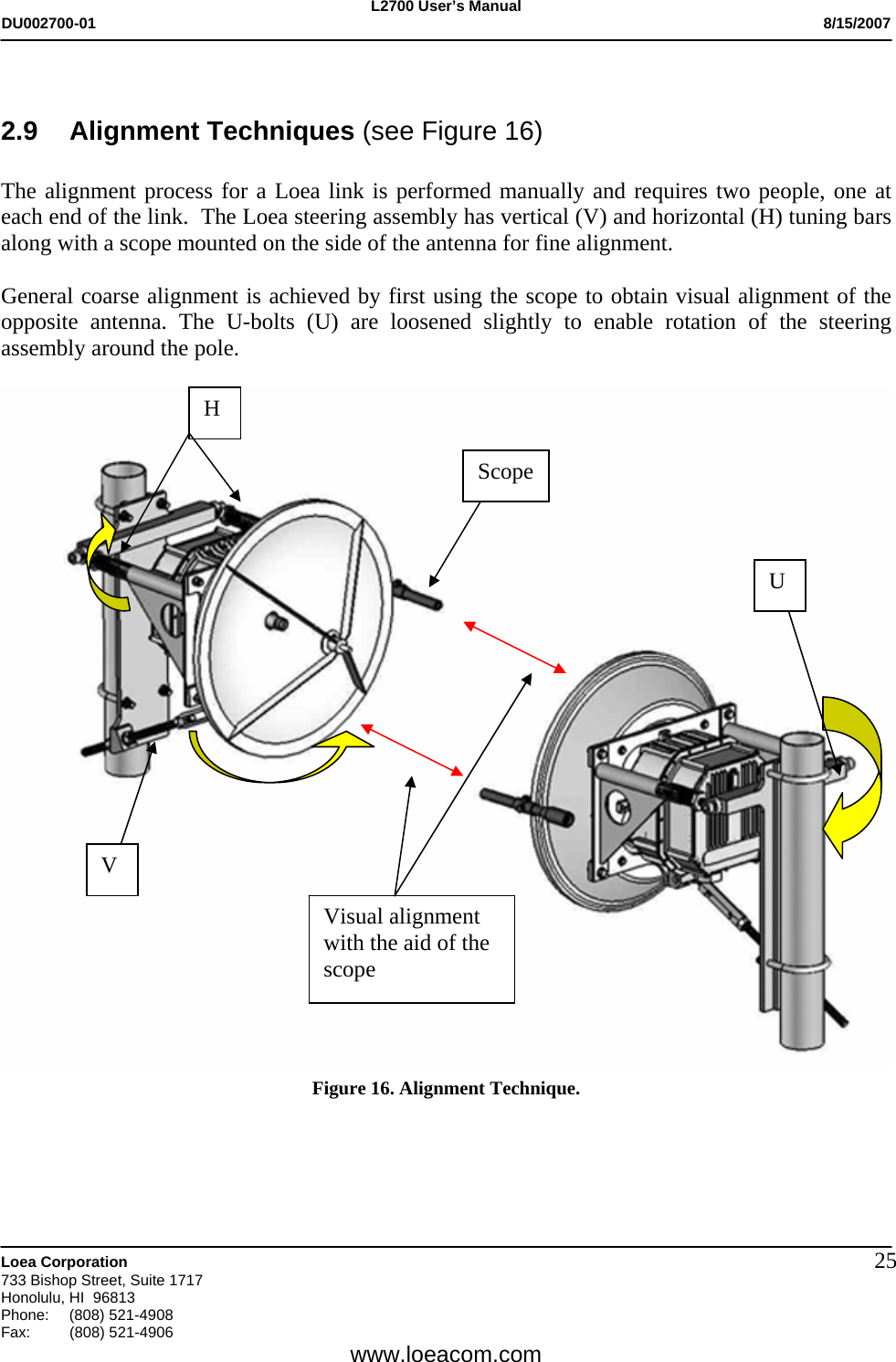 L2700 User&rsquo;s Manual DU002700-01           8/15/2007   Loea Corporation       733 Bishop Street, Suite 1717 Honolulu, HI  96813 Phone: (808) 521-4908 Fax:   (808) 521-4906  www.loeacom.com 25 2.9 Alignment Techniques (see Figure 16)  The alignment process for a Loea link is performed manually and requires two people, one at each end of the link.  The Loea steering assembly has vertical (V) and horizontal (H) tuning bars along with a scope mounted on the side of the antenna for fine alignment.  General coarse alignment is achieved by first using the scope to obtain visual alignment of the opposite antenna. The U-bolts (U) are loosened slightly to enable rotation of the steering assembly around the pole.    Figure 16. Alignment Technique.    H V U Scope Visual alignment with the aid of the scope 
