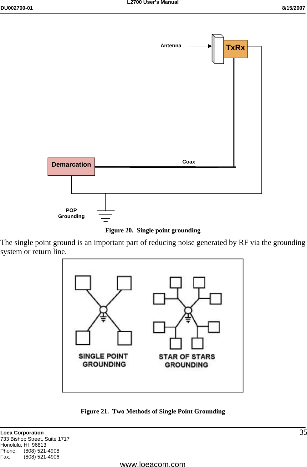 L2700 User&rsquo;s Manual DU002700-01           8/15/2007   Loea Corporation       733 Bishop Street, Suite 1717 Honolulu, HI  96813 Phone: (808) 521-4908 Fax:   (808) 521-4906  www.loeacom.com 35 Figure 20.  Single point grounding The single point ground is an important part of reducing noise generated by RF via the grounding system or return line.    Figure 21.  Two Methods of Single Point Grounding Antenna Coax TxRx POP Grounding Demarcation 