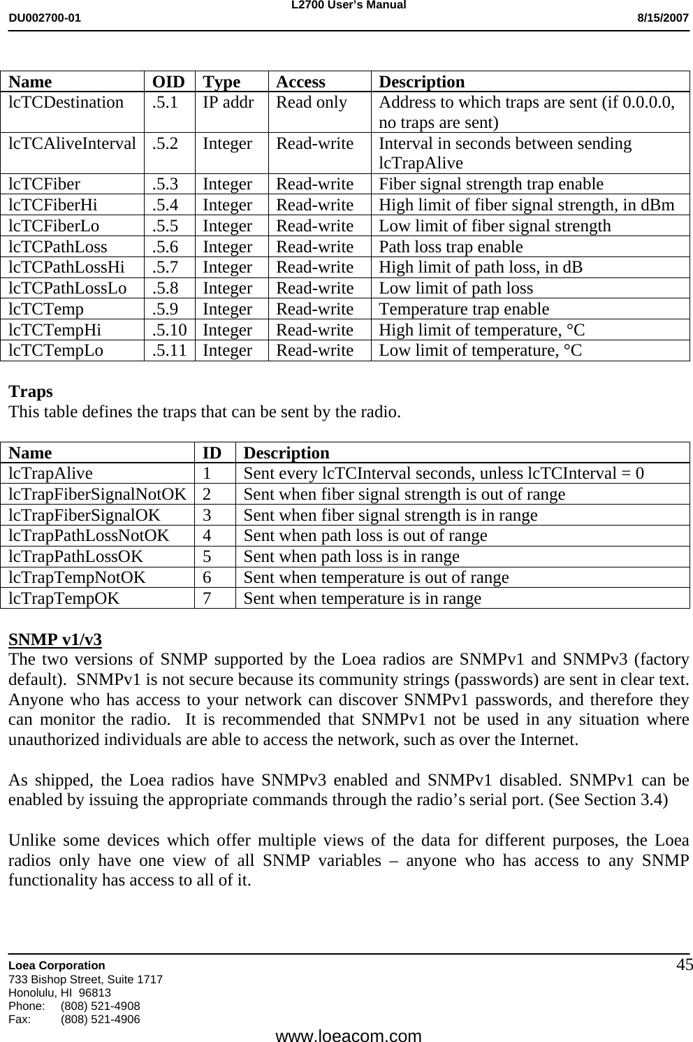 L2700 User&rsquo;s Manual DU002700-01           8/15/2007   Loea Corporation       733 Bishop Street, Suite 1717 Honolulu, HI  96813 Phone: (808) 521-4908 Fax:   (808) 521-4906  www.loeacom.com 45 Name OID Type Access Description lcTCDestination  .5.1  IP addr  Read only  Address to which traps are sent (if 0.0.0.0, no traps are sent) lcTCAliveInterval .5.2  Integer  Read-write  Interval in seconds between sending lcTrapAlive lcTCFiber .5.3 Integer Read-write Fiber signal strength trap enable lcTCFiberHi .5.4 Integer Read-write High limit of fiber signal strength, in dBm lcTCFiberLo .5.5 Integer Read-write Low limit of fiber signal strength lcTCPathLoss  .5.6  Integer  Read-write  Path loss trap enable lcTCPathLossHi .5.7 Integer Read-write  High limit of path loss, in dB lcTCPathLossLo  .5.8  Integer  Read-write  Low limit of path loss lcTCTemp .5.9 Integer Read-write  Temperature trap enable lcTCTempHi .5.10 Integer Read-write  High limit of temperature, &deg;C lcTCTempLo  .5.11  Integer  Read-write  Low limit of temperature, &deg;C  Traps This table defines the traps that can be sent by the radio.  Name ID Description lcTrapAlive 1 Sent every lcTCInterval seconds, unless lcTCInterval = 0 lcTrapFiberSignalNotOK  2  Sent when fiber signal strength is out of range lcTrapFiberSignalOK 3 Sent when fiber signal strength is in range lcTrapPathLossNotOK  4  Sent when path loss is out of range lcTrapPathLossOK  5  Sent when path loss is in range lcTrapTempNotOK  6  Sent when temperature is out of range lcTrapTempOK  7  Sent when temperature is in range  SNMP v1/v3 The two versions of SNMP supported by the Loea radios are SNMPv1 and SNMPv3 (factory default).  SNMPv1 is not secure because its community strings (passwords) are sent in clear text.  Anyone who has access to your network can discover SNMPv1 passwords, and therefore they can monitor the radio.  It is recommended that SNMPv1 not be used in any situation where unauthorized individuals are able to access the network, such as over the Internet.  As shipped, the Loea radios have SNMPv3 enabled and SNMPv1 disabled. SNMPv1 can be enabled by issuing the appropriate commands through the radio&rsquo;s serial port. (See Section 3.4)  Unlike some devices which offer multiple views of the data for different purposes, the Loea radios only have one view of all SNMP variables &ndash; anyone who has access to any SNMP functionality has access to all of it. 