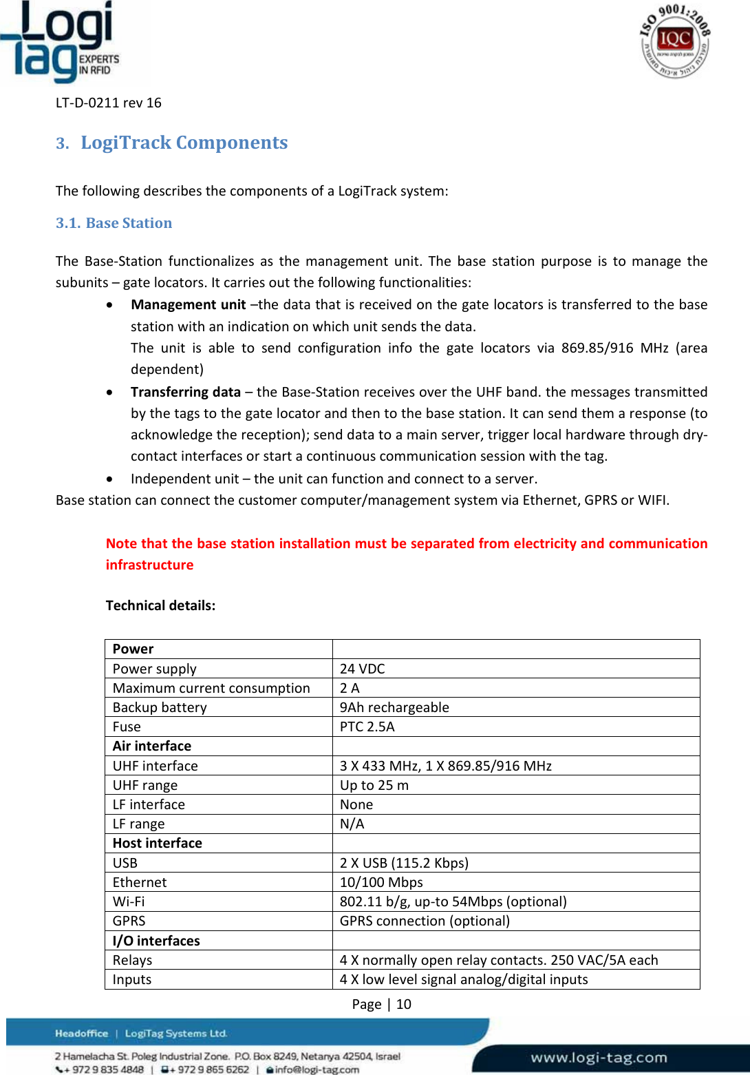 LT‐D‐0211rev16Page|103. LogiTrackComponentsThefollowingdescribesthecomponentsofaLogiTracksystem:3.1. BaseStationTheBase‐Stationfunctionalizesasthemanagementunit.Thebasestationpurposeistomanagethesubunits–gatelocators.Itcarriesoutthefollowingfunctionalities: Managementunit–thedatathatisreceivedonthegatelocatorsistransferredtothebasestationwithanindicationonwhichunitsendsthedata.Theunitisabletosendconfigurationinfothegatelocatorsvia869.85/916MHz(areadependent) Transferringdata–theBase‐StationreceivesovertheUHFband.themessagestransmittedbythetagstothegatelocatorandthentothebasestation.Itcansendthemaresponse(toacknowledgethereception);senddatatoamainserver,triggerlocalhardwarethroughdry‐contactinterfacesorstartacontinuouscommunicationsessionwiththetag. Independentunit–theunitcanfunctionandconnecttoaserver.Basestationcanconnectthecustomercomputer/managementsystemviaEthernet,GPRSorWIFI.NotethatthebasestationinstallationmustbeseparatedfromelectricityandcommunicationinfrastructureTechnicaldetails:PowerPowersupply24VDCMaximumcurrentconsumption2ABackupbattery9AhrechargeableFusePTC2.5AAirinterfaceUHFinterface3X433MHz,1X869.85/916 MHzUHFrangeUpto25mLFinterfaceNoneLFrangeN/AHostinterfaceUSB2XUSB(115.2Kbps)Ethernet10/100MbpsWi‐Fi802.11b/g,up‐to54Mbps(optional)GPRSGPRSconnection(optional)I/OinterfacesRelays4Xnormallyopenrelaycontacts.250VAC/5AeachInputs4Xlowlevelsignalanalog/digitalinputs