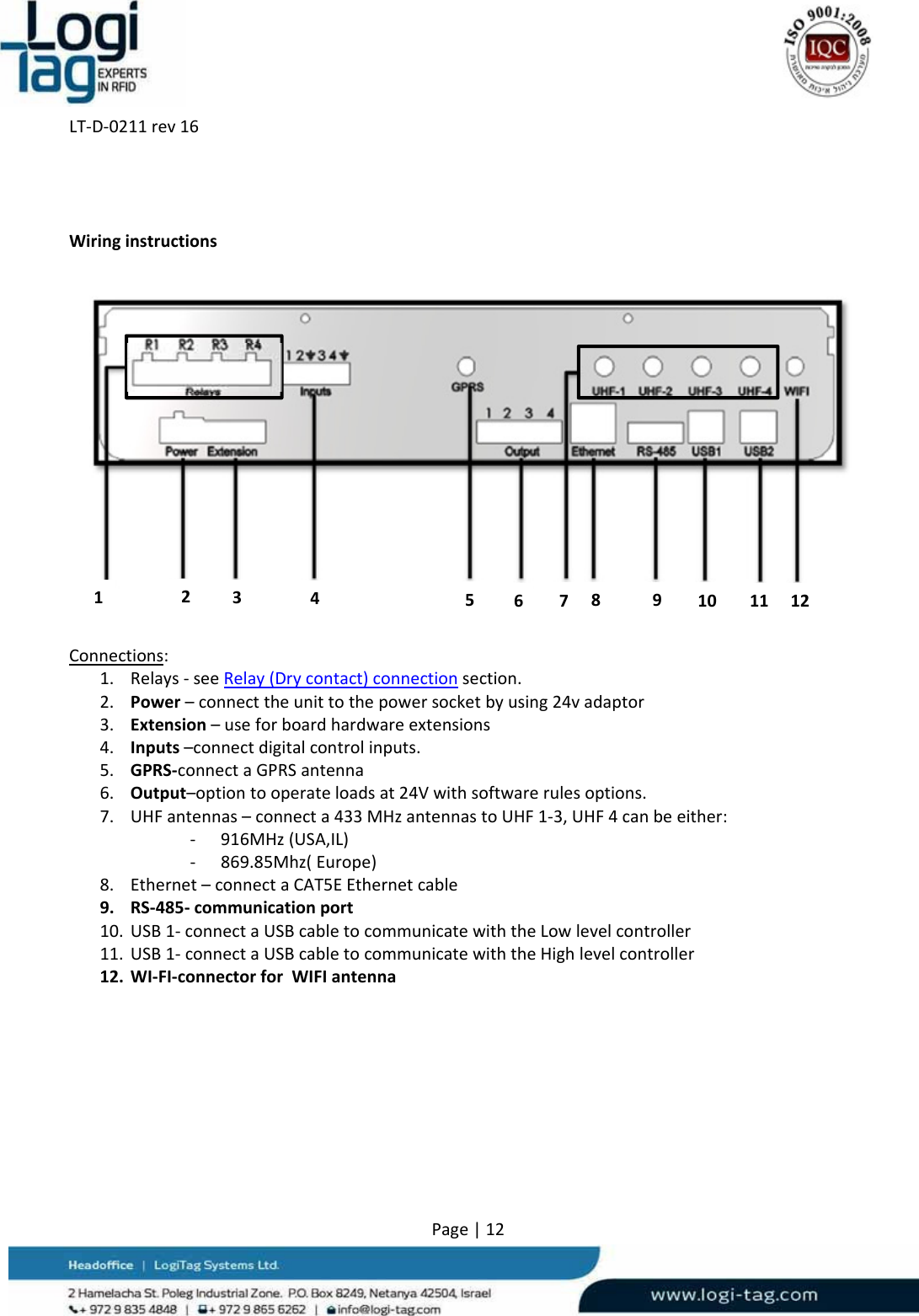 LT‐D‐0211rev16Page|12WiringinstructionsConnections:1. Relays‐seeRelay(Drycontact)connectionsection.2. Power–connecttheunittothepowersocketbyusing24vadaptor3. Extension–useforboardhardwareextensions4. Inputs–connectdigitalcontrolinputs.5. GPRS‐connectaGPRSantenna6. Output–optiontooperateloadsat24Vwithsoftwarerulesoptions.7. UHFantennas–connecta433MHzantennastoUHF1‐3,UHF4canbeeither:‐ 916MHz(USA,IL)‐ 869.85Mhz(Europe)8. Ethernet–connectaCAT5EEthernetcable9. RS‐485‐communicationport10. USB1‐connectaUSBcabletocommunicatewiththeLowlevelcontroller11. USB1‐connectaUSBcabletocommunicatewiththeHighlevelcontroller12. WI‐FI‐connectorforWIFIantenna123456789101112