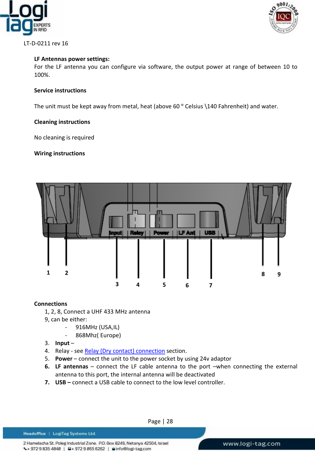 LT‐D‐0211rev16Page|28LFAntennaspowersettings:FortheLFantennayoucanconfigureviasoftware,theoutputpoweratrangeofbetween10to100%.ServiceinstructionsTheunitmustbekeptawayfrommetal,heat(above60°Celsius\140Fahrenheit)andwater.CleaninginstructionsNocleaningisrequiredWiringinstructionsConnections1,2,8,ConnectaUHF433MHzantenna9,canbeeither:‐ 916MHz(USA,IL)‐ 868Mhz(Europe)3. Input–4. Relay‐seeRelay(Drycontact)connectionsection.5. Power–connecttheunittothepowersocketbyusing24vadaptor6. LFantennas–connecttheLFcableantennatotheport–whenconnectingtheexternalantennatothisport,theinternalantennawillbedeactivated7. USB–connectaUSBcabletoconnecttothelowlevelcontroller.3456 71289