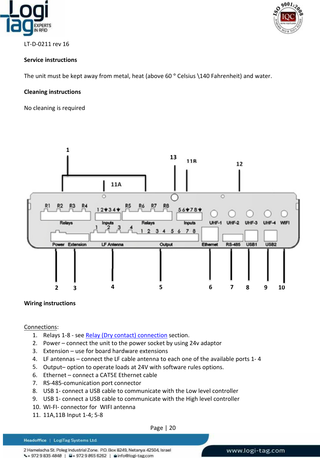 LT‐D‐0211rev16Page|20ServiceinstructionsTheunitmustbekeptawayfrommetal,heat(above60°Celsius\140Fahrenheit)andwater.CleaninginstructionsNocleaningisrequiredWiringinstructionsConnections:1. Relays1‐8‐seeRelay(Drycontact)connectionsection.2. Power–connecttheunittothepowersocketbyusing24vadaptor3. Extension–useforboardhardwareextensions4. LFantennas–connecttheLFcableantennatoeachoneoftheavailableports1‐45. Output–optiontooperateloadsat24Vwithsoftwarerulesoptions.6. Ethernet–connectaCAT5EEthernetcable7. RS‐485‐comunicationportconnector8. USB1‐connectaUSBcabletocommunicatewiththeLowlevelcontroller9. USB1‐connectaUSBcabletocommunicatewiththeHighlevelcontroller10. WI‐FI‐connectorforWIFIantenna11. 11A,11BInput1‐4;5‐81234511B12678910          11A13