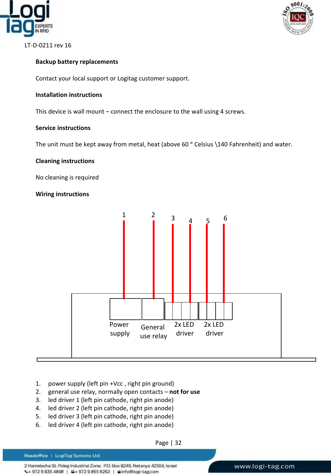 LT‐D‐0211rev16Page|32BackupbatteryreplacementsContactyourlocalsupportorLogitagcustomersupport.InstallationinstructionsThisdeviceiswallmount–connecttheenclosuretothewallusing4screws.ServiceinstructionsTheunitmustbekeptawayfrommetal,heat(above60°Celsius\140Fahrenheit)andwater.CleaninginstructionsNocleaningisrequiredWiringinstructionsPowersupply Generaluserelay2xLEDdriver2xLEDdriver1234561. powersupply(leftpin+Vcc,rightpinground)2. generaluserelay,normallyopencontacts–notforuse3. leddriver1(leftpincathode,rightpinanode)4. leddriver2(leftpincathode,rightpinanode)5. leddriver3(leftpincathode,rightpinanode)6. leddriver4(leftpincathode,rightpinanode)