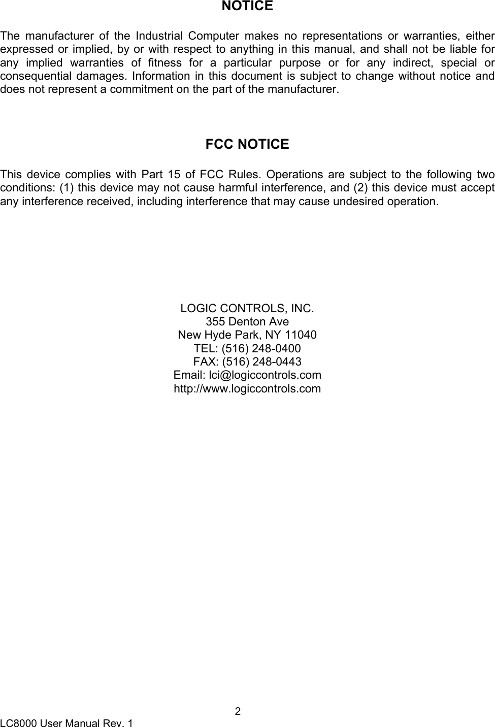 Page 2 of 11 - Logic-Controls Logic-Controls-Lc8000-Users-Manual LC8000 User Manual
