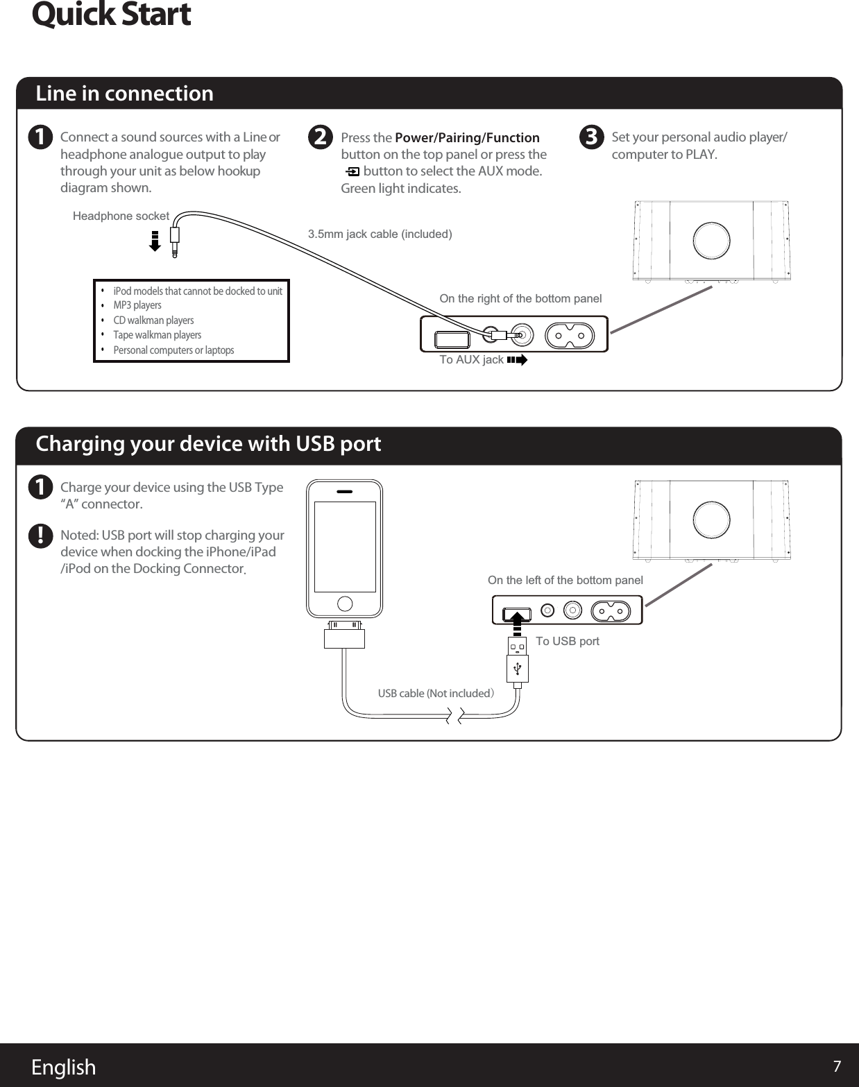 7EnglishQuick StartLine in connection1Connect a sound sources with a Line orheadphone analogue output to playthrough your unit as below hookupdiagram shown.2 3 Set your personal audio player/computer to PLAY.iPod models that cannot be docked to unitMP3 playersCD walkman playersTape walkman playersPersonal computers or laptopsHeadphone socket3.5mm jack cable (included)On the right of the bottom panelCharging your device with USB port1Charge your device using the USB TypeNoted: USB port will stop charging yourdevice when docking the iPhone/iPad/iPod on the Docking Connector.“A” connector.USB cable (Not included)On the left of the bottom panelTo USB portTo AUX jack!Press the Power/Pairing/Functionbutton on the top panel or press the        button to select the AUX mode.Green light indicates. 