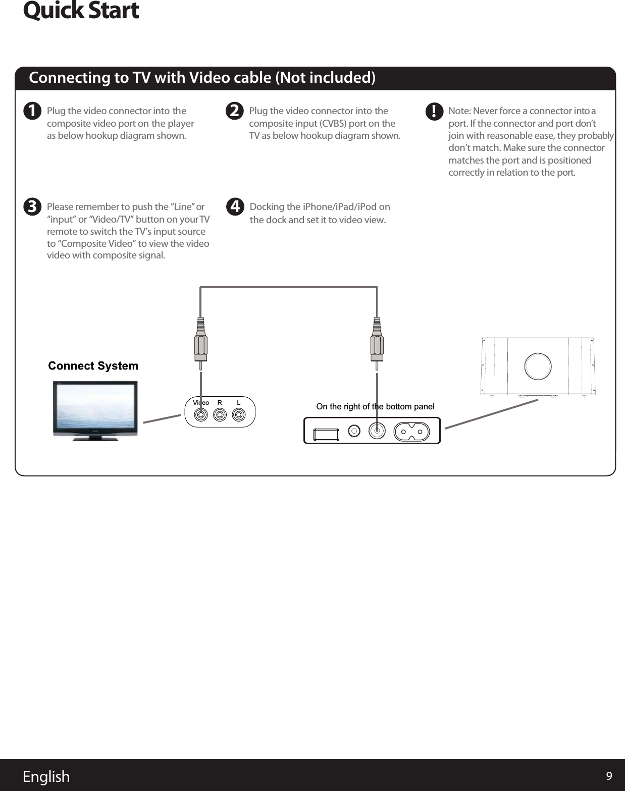 9EnglishQuick StartConnecting to TV with Video cable (Not included) 1Plug the video connector into thecomposite video port on the playeras below hookup diagram shown.3Please remember to push the “Line”or“input” or “Video/TV” button on yourTVremote to switch the TV’s input sourceto “Composite Video” to view the videovideo with composite signal.4Docking the iPhone/iPad/iPod onthe dock and set it to video view.2Plug the video connector into thecomposite input (CVBS) port on theTV as below hookup diagram shown.Note: Never force a connector intoaport. If the connector and port don’tjoin with reasonable ease, they probablydon’t match. Make sure the connectormatches the port and is positionedcorrectly in relation to the port.Video R L!On the right of the bottom panel