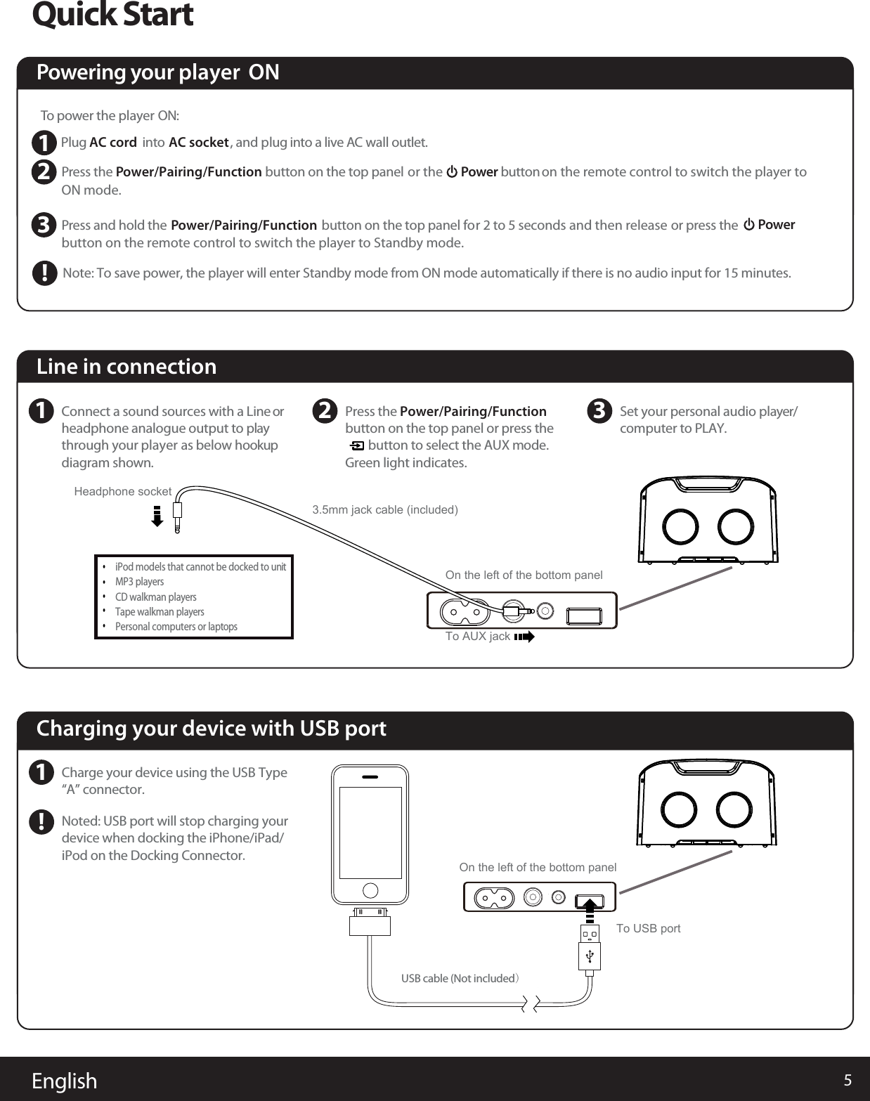 5EnglishQuick StartTo power the player   ON: Plug AC cord  into AC socket, and plug into a live AC wall outlet. PON mode. ress the button on the top panel   or the       Power button  on the remote control to switch the player to Powering your player  ON      Power Pbutton on the remote control to switch the player to Standby mode.ress and hold theNote: To save power, the player will enter Standby mode from ON mode automatically if there is no audio input for 15 minutes.button on the top panel for 2 to 5 seconds and then release  or press the           Power/Pairing/Function  Power/Pairing/Function  123!Line in connection1Connect a sound sources with a Line orheadphone analogue output to play through your player  as below hookupdiagram shown.2Press the Power/Pairing/Function  button on the top panel or press the         button to select the AUX mode. Green light indicates.    3Set your personal audio player/computer to PLAY.iPod models that cannot be docked to unit MP3 playersCD walkman playersTape walkman playersPersonal computers or laptopsHeadphone socket•••••3.5mm jack cable (included)On the left of the bottom panelCharging your device with USB port1Charge your device using the USB TypeNoted: USB port will stop charging your device when docking the iPhone/iPad/iPod on the Docking Connector.  “A” connector.USB cable (Not included)On the left of the bottom panelTo USB portTo AUX jack!