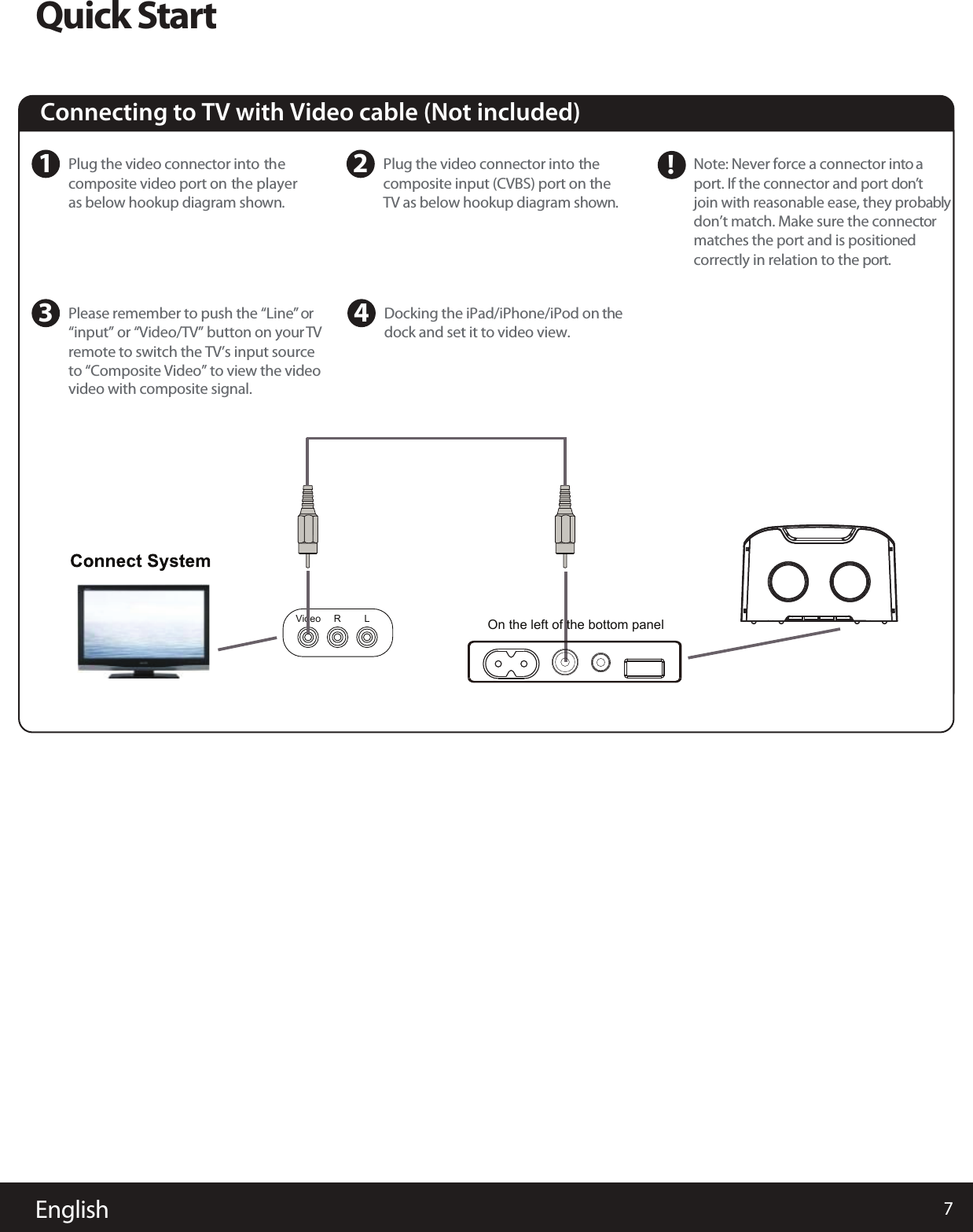 7EnglishQuick StartConnecting to TV with Video cable (Not included)  1Plug the video connector into thecomposite video port on the playeras below hookup diagram shown.3Please remember to push the “Line” or“input” or “Video/TV” button on your TVremote to switch the TV’s input sourceto “Composite Video” to view the videovideo with composite signal.   4Docking the iPad/iPhone/iPod on the dock and set it to video view. 2Plug the video connector into the  composite input (CVBS) port on the  TV as below hookup diagram shown.Note: Never force a connector into aport. If the connector and port don’tjoin with reasonable ease, they probablydon’t match. Make sure the connector matches the port and is positioned correctly in relation to the port.Video R L!On the left of the bottom panel