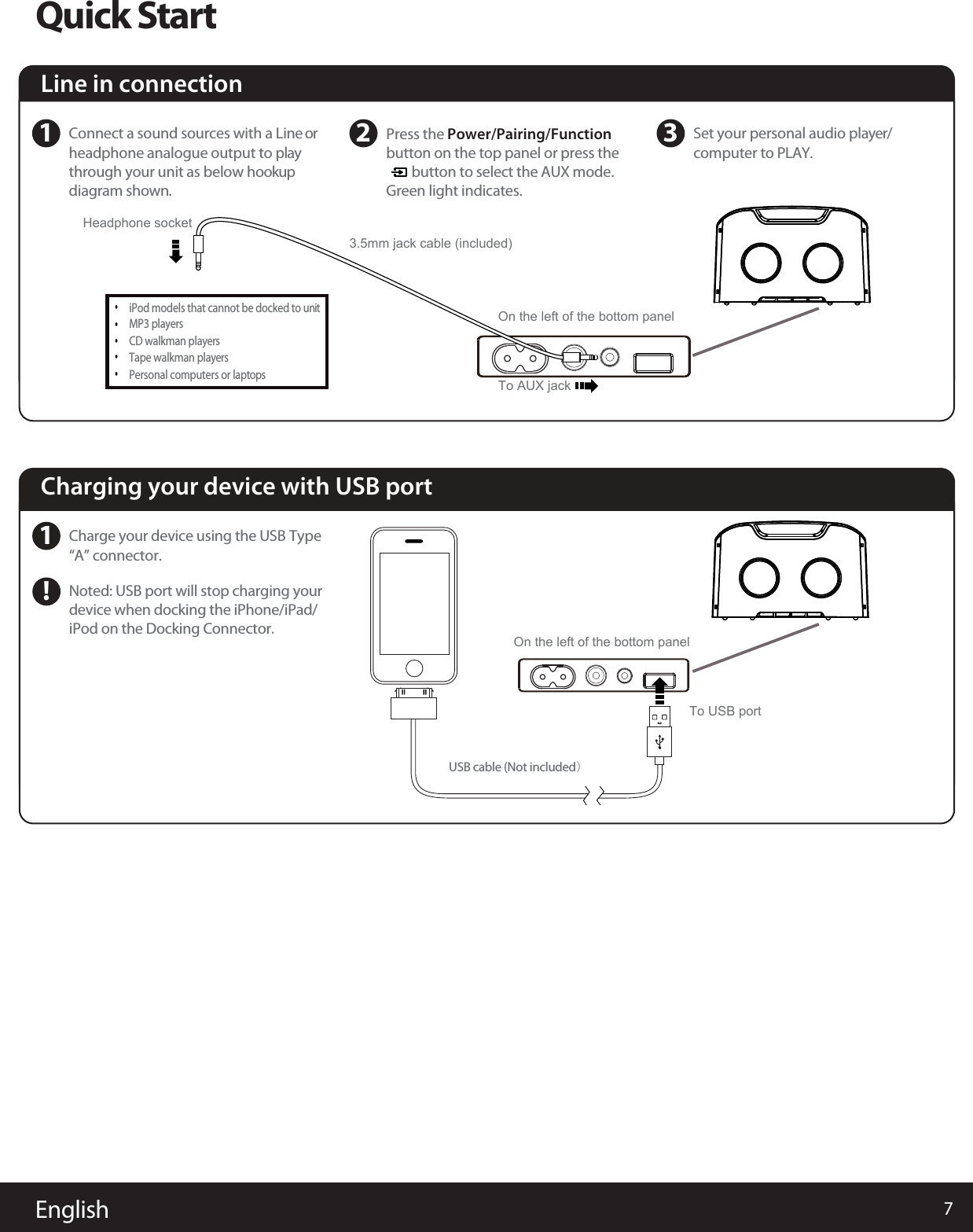 7EnglishQuick StartLine in connection1Connect a sound sources with a Line orheadphone analogue output to play through your unit as below hookupdiagram shown.2 3 Set your personal audio player/computer to PLAY.iPod models that cannot be docked to unit MP3 playersCD walkman playersTape walkman playersPersonal computers or laptopsHeadphone socket•••••3.5mm jack cable (included)On the left of the bottom panelCharging your device with USB port1Charge your device using the USB TypeNoted: USB port will stop charging your device when docking the iPhone/iPad/iPod on the Docking Connector.  “A” connector.USB cable (Not included)On the left of the bottom panelTo USB portTo AUX jack!Press the Power/Pairing/Function  button on the top panel or press the         button to select the AUX mode. Green light indicates.    