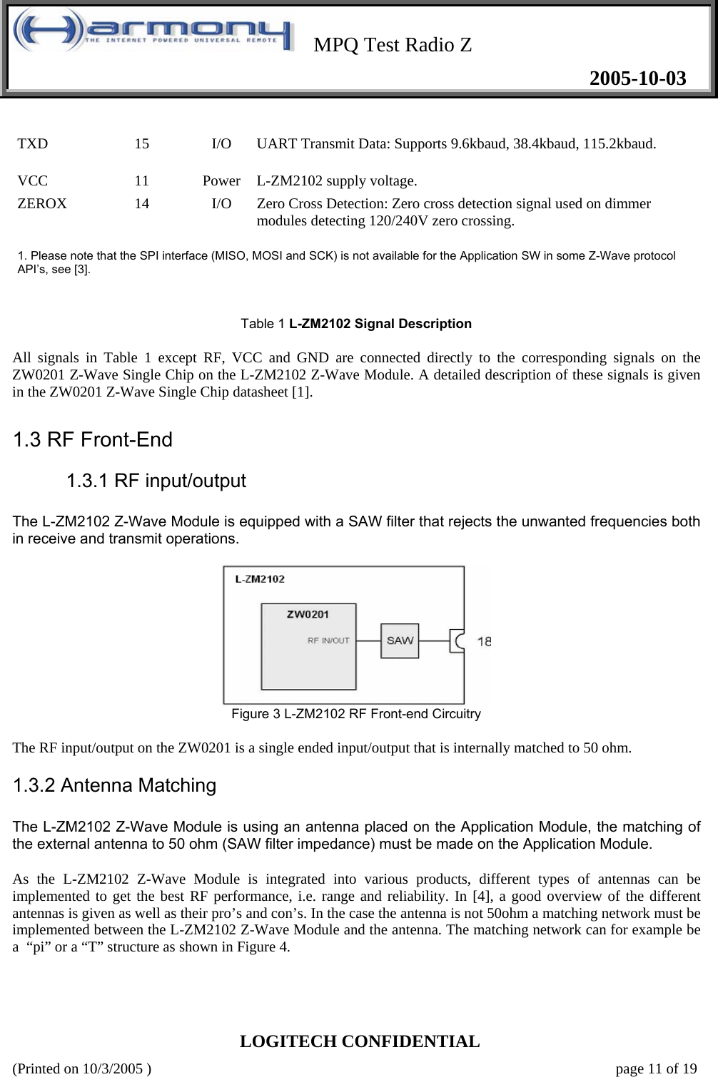    MPQ Test Radio Z   2005-10-03  LOGITECH CONFIDENTIAL (Printed on 10/3/2005 )    page 11 of 19 TXD   15   I/O   UART Transmit Data: Supports 9.6kbaud, 38.4kbaud, 115.2kbaud.  VCC   11   Power  L-ZM2102 supply voltage.  ZEROX   14   I/O   Zero Cross Detection: Zero cross detection signal used on dimmer modules detecting 120/240V zero crossing.    1. Please note that the SPI interface (MISO, MOSI and SCK) is not available for the Application SW in some Z-Wave protocol API’s, see [3].    Table 1 L-ZM2102 Signal Description  All signals in Table 1 except RF, VCC and GND are connected directly to the corresponding signals on the ZW0201 Z-Wave Single Chip on the L-ZM2102 Z-Wave Module. A detailed description of these signals is given in the ZW0201 Z-Wave Single Chip datasheet [1].  1.3 RF Front-End   1.3.1 RF input/output   The L-ZM2102 Z-Wave Module is equipped with a SAW filter that rejects the unwanted frequencies both in receive and transmit operations.      Figure 3 L-ZM2102 RF Front-end Circuitry  The RF input/output on the ZW0201 is a single ended input/output that is internally matched to 50 ohm.  1.3.2 Antenna Matching   The L-ZM2102 Z-Wave Module is using an antenna placed on the Application Module, the matching of the external antenna to 50 ohm (SAW filter impedance) must be made on the Application Module.  As the L-ZM2102 Z-Wave Module is integrated into various products, different types of antennas can be implemented to get the best RF performance, i.e. range and reliability. In [4], a good overview of the different antennas is given as well as their pro’s and con’s. In the case the antenna is not 50ohm a matching network must be implemented between the L-ZM2102 Z-Wave Module and the antenna. The matching network can for example be a  “pi” or a “T” structure as shown in Figure 4.  