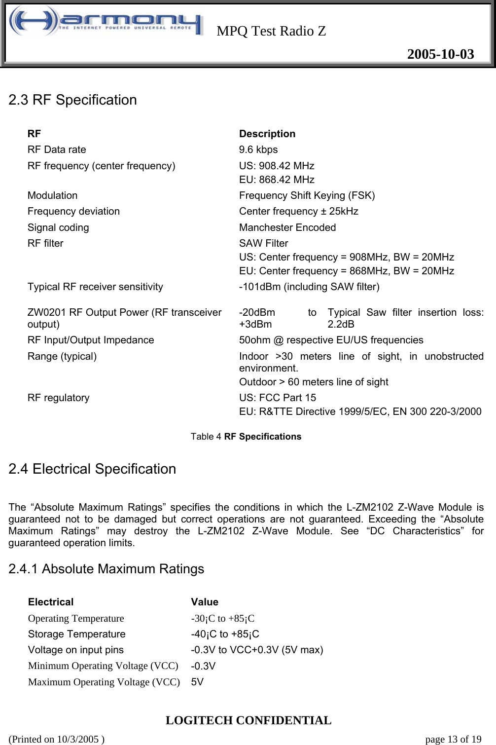    MPQ Test Radio Z   2005-10-03  LOGITECH CONFIDENTIAL (Printed on 10/3/2005 )    page 13 of 19 2.3 RF Specification   RF  Description  RF Data rate   9.6 kbps  RF frequency (center frequency)   US: 908.42 MHz  EU: 868.42 MHz  Modulation   Frequency Shift Keying (FSK)  Frequency deviation   Center frequency ± 25kHz  Signal coding   Manchester Encoded  RF filter   SAW Filter  US: Center frequency = 908MHz, BW = 20MHz  EU: Center frequency = 868MHz, BW = 20MHz  Typical RF receiver sensitivity   -101dBm (including SAW filter)  ZW0201 RF Output Power (RF transceiver output)  -20dBm to +3dBm  Typical Saw filter insertion loss: 2.2dB  RF Input/Output Impedance   50ohm @ respective EU/US frequencies  Range (typical)   Indoor &gt;30 meters line of sight, in unobstructed environment.  Outdoor &gt; 60 meters line of sight  RF regulatory   US: FCC Part 15  EU: R&amp;TTE Directive 1999/5/EC, EN 300 220-3/2000  Table 4 RF Specifications  2.4 Electrical Specification   The “Absolute Maximum Ratings” specifies the conditions in which the L-ZM2102 Z-Wave Module is guaranteed not to be damaged but correct operations are not guaranteed. Exceeding the “Absolute Maximum Ratings” may destroy the L-ZM2102 Z-Wave Module. See “DC Characteristics” for guaranteed operation limits.  2.4.1 Absolute Maximum Ratings   Electrical  Value  Operating Temperature   -30¡C to +85¡C  Storage Temperature   -40¡C to +85¡C  Voltage on input pins   -0.3V to VCC+0.3V (5V max) Minimum Operating Voltage (VCC)  -0.3V  Maximum Operating Voltage (VCC)  5V   