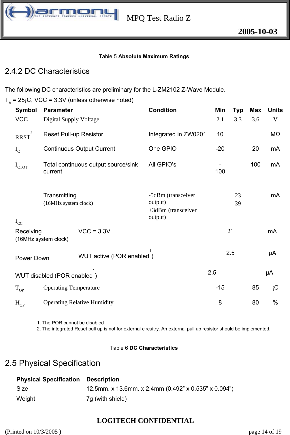    MPQ Test Radio Z   2005-10-03  LOGITECH CONFIDENTIAL (Printed on 10/3/2005 )    page 14 of 19 Table 5 Absolute Maximum Ratings  2.4.2 DC Characteristics   The following DC characteristics are preliminary for the L-ZM2102 Z-Wave Module.   TA = 25¡C, VCC = 3.3V (unless otherwise noted)  Symbol  Parameter  Condition  Min  Typ  Max  Units VCC   Digital Supply Voltage      2.1   3.3   3.6   V  RRST2   Reset Pull-up Resistor   Integrated in ZW0201  10         MΩ  IC    Continuous Output Current   One GPIO   -20       20    mA    ICTOT    Total continuous output source/sink current  All GPIO’s   -100       100   mA            ICC  Transmitting  (16MHz system clock)  -5dBm (transceiver output)  +3dBm (transceiver output)     23  39     mA    Receiving  (16MHz system clock)  VCC = 3.3V      21      mA    Power Down   WUT active (POR enabled1)      2.5      µA  WUT disabled (POR enabled1)      2.5      µA  TOP   Operating Temperature      -15      85   ¡C  HOP   Operating Relative Humidity      8      80   %   1. The POR cannot be disabled   2. The integrated Reset pull up is not for external circuitry. An external pull up resistor should be implemented.    Table 6 DC Characteristics  2.5 Physical Specification   Physical Specification  Description  Size   12.5mm. x 13.6mm. x 2.4mm (0.492” x 0.535” x 0.094”)  Weight   7g (with shield)  