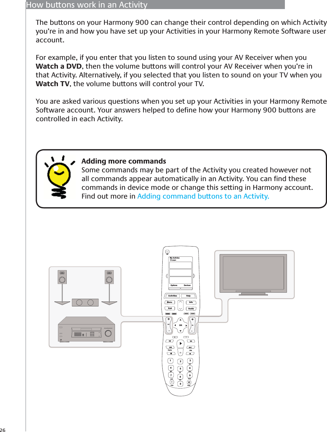 26How buttons work in an ActivityThe buttons on your Harmony 900 can change their control depending on which Activity you’re in and how you have set up your Activities in your Harmony Remote Software user account.For example, if you enter that you listen to sound using your AV Receiver when you Watch a DVD, then the volume buttons will control your AV Receiver when you’re in that Activity. Alternatively, if you selected that you listen to sound on your TV when you Watch TV, the volume buttons will control your TV.You are asked various questions when you set up your Activities in your Harmony Remote Software account. Your answers helped to deﬁne how your Harmony 900 buttons are controlled in each Activity.My Activies1/2 pagesOffOptions DevicesActivitiesMenu InfoGuideExitOKVolReplay SkipCh++Help1472580369Edefghijkl mnopqrs tuv wxyzclear enter+Vol+Ch+    Adding more commandsSome commands may be part of the Activity you created however not all commands appear automatically in an Activity. You can ﬁnd these commands in device mode or change this setting in Harmony account. Find out more in Adding command buttons to an Activity.