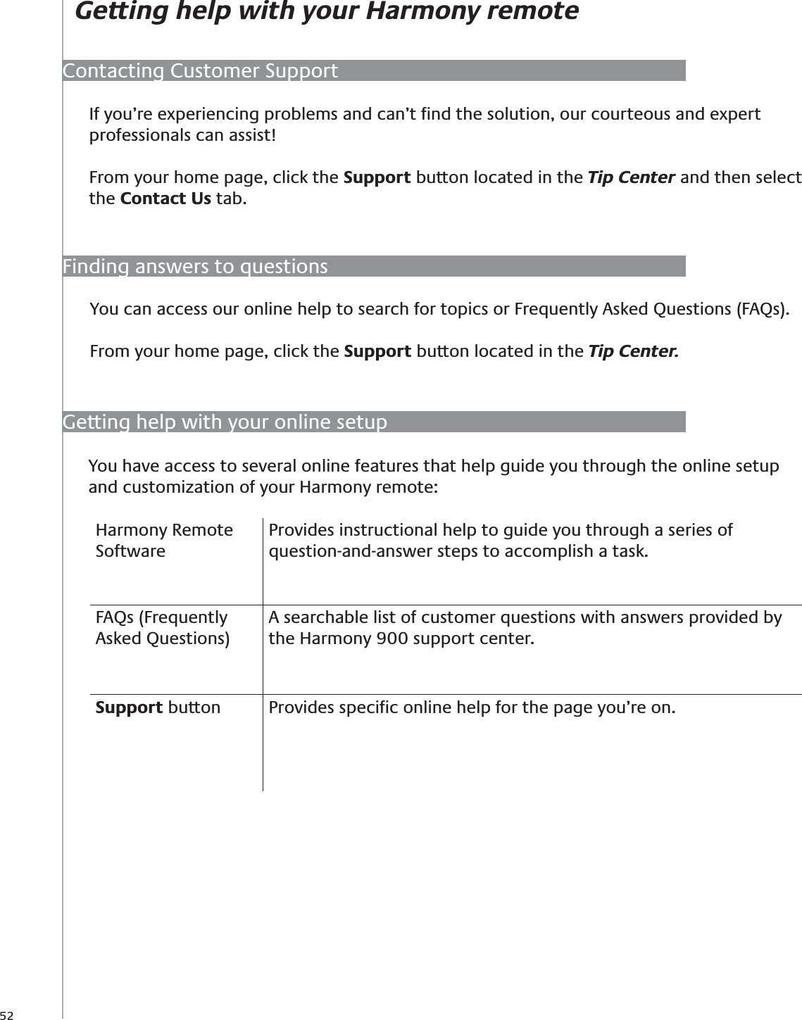 52Getting help with your Harmony remoteIf you’re experiencing problems and can’t ﬁnd the solution, our courteous and expert professionals can assist! From your home page, click the Support button located in the Tip Center and then select the Contact Us tab.Contacting Customer SupportYou can access our online help to search for topics or Frequently Asked Questions (FAQs).  From your home page, click the Support button located in the Tip Center.Finding answers to questionsYou have access to several online features that help guide you through the online setup and customization of your Harmony remote:  Getting help with your online setupHarmony Remote SoftwareProvides instructional help to guide you through a series of question-and-answer steps to accomplish a task.FAQs (Frequently Asked Questions)A searchable list of customer questions with answers provided by the Harmony 900 support center.Support button Provides speciﬁc online help for the page you’re on.