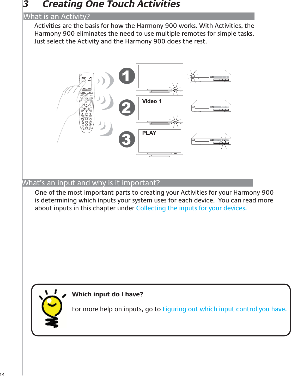 143  Creating One Touch ActivitiesWhat is an Activity?Activities are the basis for how the Harmony 900 works. With Activities, the Harmony 900 eliminates the need to use multiple remotes for simple tasks. Just select the Activity and the Harmony 900 does the rest.     Which input do I have?For more help on inputs, go to Figuring out which input control you have.Video 1PLAY--:--  --:--0:00  0:000:00  1:10123My Activies1/2 pages 4:51OffSettings DevicesActivitiesMenu InfoGuideExitOKVolReplay SkipCh++Help1472580369E*defghijkl mnopqrs tuv wxyzclear enter+DVDActivitiesMenuExxiitxitxxxxxExExxOKVolVVReplay+1472580*ghiSettingsjklpqrstuvclear+One of the most important parts to creating your Activities for your Harmony 900 is determining which inputs your system uses for each device.  You can read more about inputs in this chapter under Collecting the inputs for your devices.What’s an input and why is it important?