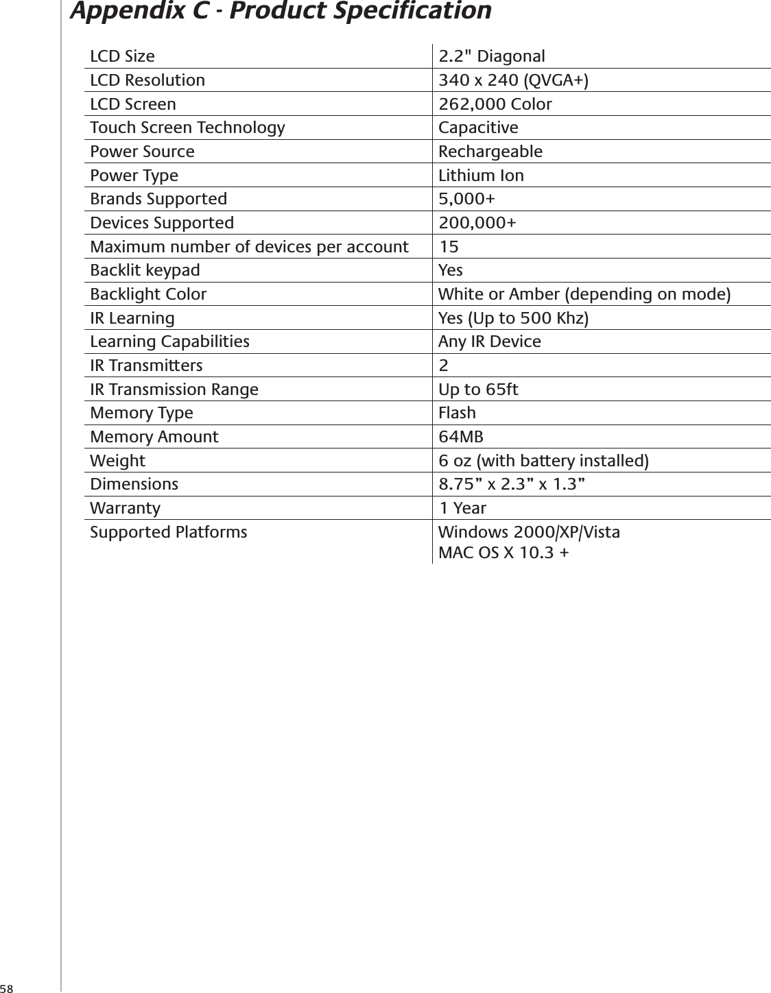 58Appendix C - Product SpeciﬁcationLCD Size 2.2&quot; DiagonalLCD Resolution 340 x 240 (QVGA+)LCD Screen 262,000 ColorTouch Screen Technology CapacitivePower Source RechargeablePower Type Lithium IonBrands Supported 5,000+Devices Supported 200,000+Maximum number of devices per account 15Backlit keypad YesBacklight Color White or Amber (depending on mode)IR Learning Yes (Up to 500 Khz)Learning Capabilities Any IR DeviceIR Transmitters 2IR Transmission Range Up to 65ftMemory Type FlashMemory Amount 64MBWeight 6 oz (with battery installed)Dimensions 8.75” x 2.3” x 1.3” Warranty 1 YearSupported Platforms Windows 2000/XP/VistaMAC OS X 10.3 +
