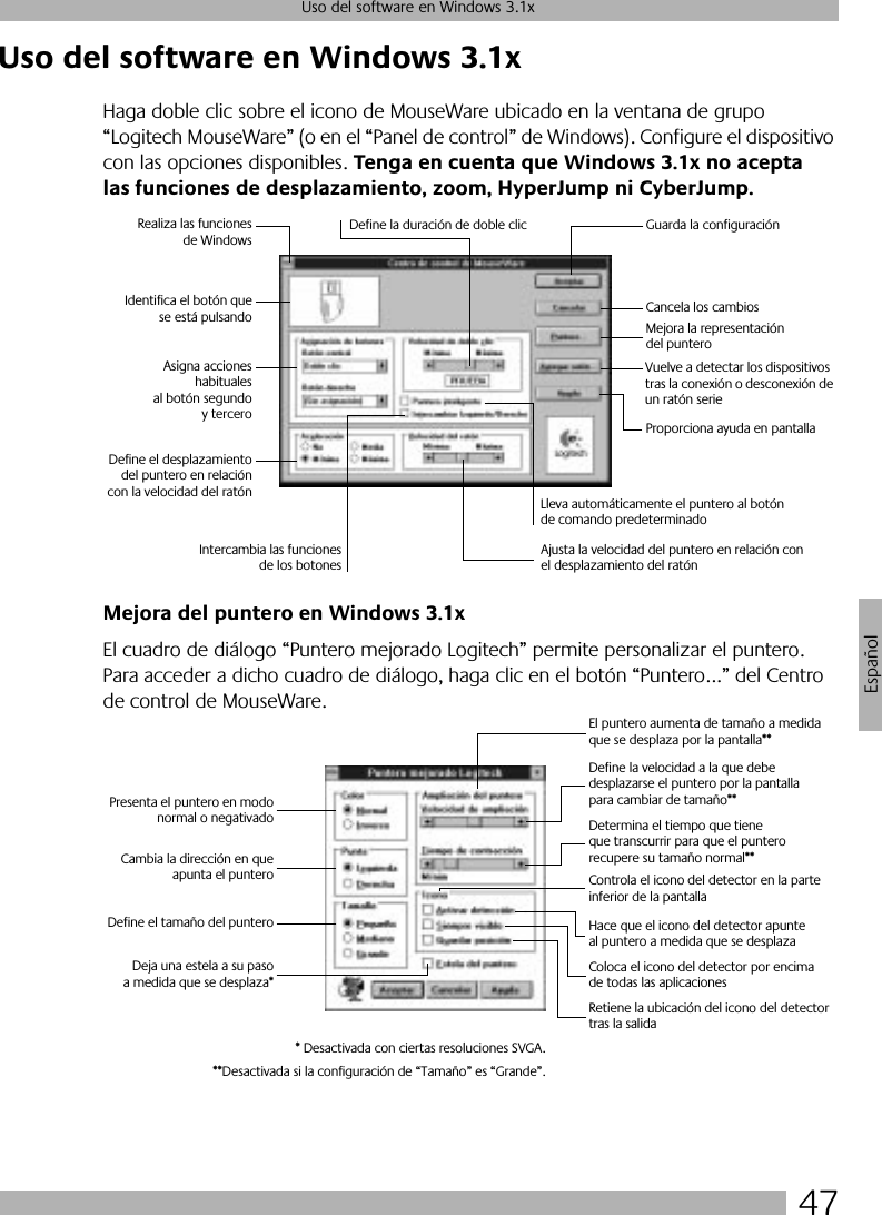 47Uso del software en Windows 3.1xEspañolUso del software en Windows 3.1xHaga doble clic sobre el icono de MouseWare ubicado en la ventana de grupo “Logitech MouseWare” (o en el “Panel de control” de Windows). Configure el dispositivo con las opciones disponibles. Tenga en cuenta que Windows 3.1x no acepta las funciones de desplazamiento, zoom, HyperJump ni CyberJump.Mejora del puntero en Windows 3.1xEl cuadro de diálogo “Puntero mejorado Logitech” permite personalizar el puntero. Para acceder a dicho cuadro de diálogo, haga clic en el botón “Puntero...” del Centro de control de MouseWare.Realiza las funcionesde WindowsIdentifica el botón quese está pulsandoAsigna accioneshabitualesal botón segundoy terceroDefine el desplazamientodel puntero en relacióncon la velocidad del ratónDefine la duración de doble clic Guarda la configuraciónCancela los cambiosVuelve a detectar los dispositivos tras la conexión o desconexión de un ratón serieIntercambia las funcionesde los botonesAjusta la velocidad del puntero en relación con el desplazamiento del ratónLleva automáticamente el puntero al botón de comando predeterminadoProporciona ayuda en pantallaMejora la representación del punteroPresenta el puntero en modonormal o negativadoCambia la dirección en queapunta el punteroDefine el tamaño del punteroDeja una estela a su pasoa medida que se desplaza*El puntero aumenta de tamaño a medida que se desplaza por la pantalla**Define la velocidad a la que debe desplazarse el puntero por la pantalla para cambiar de tamaño**Determina el tiempo que tiene que transcurrir para que el puntero recupere su tamaño normal**Controla el icono del detector en la parte inferior de la pantallaHace que el icono del detector apunte al puntero a medida que se desplazaColoca el icono del detector por encima de todas las aplicacionesRetiene la ubicación del icono del detector tras la salida* Desactivada con ciertas resoluciones SVGA.**Desactivada si la configuración de “Tamaño” es “Grande”.