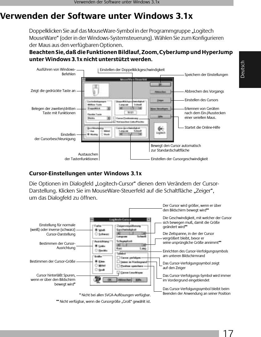  17 Verwenden der Software unter Windows 3.1x Deutsch Verwenden der Software unter Windows 3.1x Doppelklicken Sie auf das MouseWare-Symbol in der Programmgruppe „Logitech MouseWare“ (oder in der Windows-Systemsteuerung). Wählen Sie zum Konfigurieren der Maus aus den verfügbaren Optionen.  Beachten Sie, daß die Funktionen Bildlauf, Zoom, CyberJump und HyperJump unter Windows 3.1x nicht unterstützt werden.Cursor-Einstellungen unter Windows 3.1x Die Optionen im Dialogfeld „Logitech-Cursor“ dienen dem Verändern der Cursor-Darstellung. Klicken Sie im MouseWare-Steuerfeld auf die Schaltfläche „Zeiger“, um das Dialogfeld zu öffnen.Ausführen von Windows-BefehlenZeigt die gedrückte Taste anBelegen der zweiten/drittenTaste mit FunktionenEinstellender CursorbeschleunigungEinstellen der DoppelklickgeschwindigkeitSpeichern der EinstellungenAbbrechen des VorgangsErkennen von Geräten nach dem Ein-/Ausstecken einer seriellen Maus.Einstellen der CursorgeschwindigkeitBewegt den Cursor automatisch zur StandardschaltflächeStartet die Online-HilfeEinstellen des CursorsAustauschender TastenfunktionenEinstellung für normale(weiß) oder inverse (schwarz)Cursor-DarstellungBestimmen der Cursor-AusrichtungBestimmen der Cursor-GrößeCursor hinterläßt Spuren,wenn er über den Bildschirmbewegt wird*Der Cursor wird größer, wenn er über den Bildschirm bewegt wird**Die Geschwindigkeit, mit welcher der Cursor sich bewegen muß, damit die Größe geändert wird**Die Zeitspanne, in der der Cursor vergrößert bleibt, bevor er seine ursprüngliche Größe annimmt**Einrichten des Cursor-Verfolgungssymbols am unteren BildschirmrandDas Cursor-Verfolgungssymbol zeigt auf den ZeigerDas Cursor-Verfolgungs-Symbol wird immer im Vordergrund eingeblendetDas Cursor-Verfolgungssymbol bleibt beim Beenden der Anwendung an seiner Position* Nicht bei allen SVGA-Auflösungen verfügbar.** Nicht verfügbar, wenn die Cursorgröße „Groß“ gewählt ist.