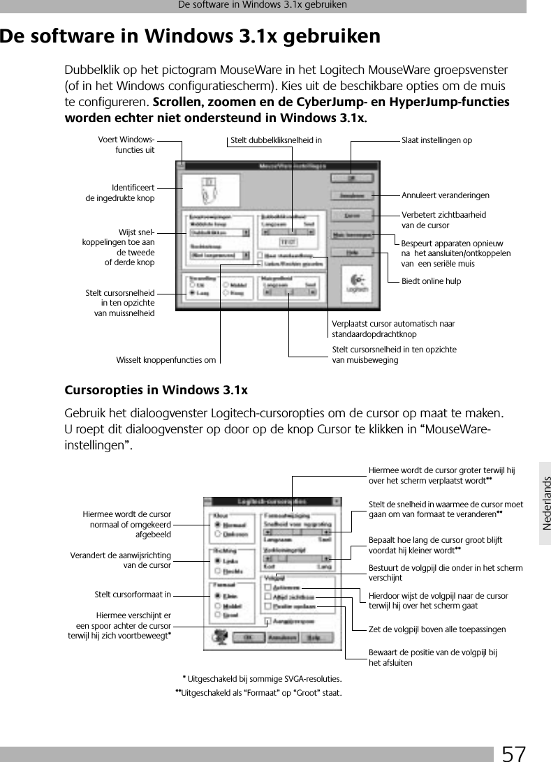 57De software in Windows 3.1x gebruikenNederlandsDe software in Windows 3.1x gebruikenDubbelklik op het pictogram MouseWare in het Logitech MouseWare groepsvenster (of in het Windows configuratiescherm). Kies uit de beschikbare opties om de muis te configureren. Scrollen, zoomen en de CyberJump- en HyperJump-functies worden echter niet ondersteund in Windows 3.1x.Cursoropties in Windows 3.1xGebruik het dialoogvenster Logitech-cursoropties om de cursor op maat te maken. U roept dit dialoogvenster op door op de knop Cursor te klikken in “MouseWare-instellingen”.Voert Windows-functies uitIdentificeertde ingedrukte knopWijst snel-koppelingen toe aande tweedeof derde knopStelt cursorsnelheidin ten opzichtevan muissnelheidStelt dubbelkliksnelheid in Slaat instellingen opAnnuleert veranderingenBespeurt apparaten opnieuw na  het aansluiten/ontkoppelen van  een seriële muisWisselt knoppenfuncties omStelt cursorsnelheid in ten opzichte van muisbewegingVerplaatst cursor automatisch naar standaardopdrachtknopBiedt online hulpVerbetert zichtbaarheidvan de cursorHiermee wordt de cursornormaal of omgekeerdafgebeeldVerandert de aanwijsrichtingvan de cursorStelt cursorformaat inHiermee verschijnt ereen spoor achter de cursorterwijl hij zich voortbeweegt*Hiermee wordt de cursor groter terwijl hij over het scherm verplaatst wordt**Stelt de snelheid in waarmee de cursor moet gaan om van formaat te veranderen**Bepaalt hoe lang de cursor groot blijft voordat hij kleiner wordt**Bestuurt de volgpijl die onder in het scherm verschijntHierdoor wijst de volgpijl naar de cursor terwijl hij over het scherm gaatZet de volgpijl boven alle toepassingenBewaart de positie van de volgpijl bij het afsluiten* Uitgeschakeld bij sommige SVGA-resoluties.**Uitgeschakeld als “Formaat” op “Groot” staat.