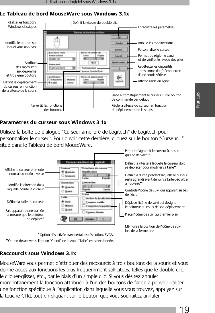  19 Utilisation du logiciel sous Windows 3.1x Français Le Tableau de bord MouseWare sous Windows 3.1xParamètres du curseur sous Windows 3.1x Utilisez la boîte de dialogue “Curseur amélioré de Logitech” de Logitech pour personnaliser le curseur. Pour ouvrir cette dernière, cliquez sur le bouton “Curseur...” situé dans le Tableau de bord MouseWare. Raccourcis sous Windows 3.1x MouseWare vous permet d’attribuer des raccourcis à trois boutons de la souris et vous donne accès aux fonctions les plus fréquemment sollicitées, telles que le double-clic, le cliquer-glisser, etc., par le biais d’un simple clic. Si vous désirez annuler momentanément la fonction attribuée à l’un des boutons de façon à pouvoir utiliser une fonction spécifique à l’application dans laquelle vous vous trouvez, appuyez sur la touche CTRL tout en cliquant sur le bouton que vous souhaitez annuler. Réalise les fonctionsWindows classiquesIdentifie le bouton surlequel vous appuyezAttribuedes raccourcisaux deuxièmeet troisième boutonsDéfinit le déplacementdu curseur en fonctionde la vitesse de la sourisDéfinit la vitesse du double-clicEnregistre les paramètresAnnule les modificationsRedétecte les dispositifs après connexion/déconnexion d’une souris sérielleIntervertit les fonctionsdes boutonsRègle la vitesse du curseur en fonction du déplacement de la sourisPlace automatiquement le curseur sur le bouton de commande par défautAffiche l&apos;aide en lignePersonnalise le curseurPermet de régler le canal et de vérifier le niveau des pilesAffiche le curseur en modenormal ou vidéo inverseModifie la direction danslaquelle pointe le curseurDéfinit la taille du curseurFait apparaître une traînéeà mesure que le pointeurse déplace*Permet d’agrandir le curseur à mesure qu’il se déplace**Définit la vitesse à laquelle le curseur doit se déplacer pour modifier sa taille**Définit la durée pendant laquelle le curseur reste agrandi avant de voir sa taille décroître à nouveau**Contrôle l’icône de suivi qui apparaît au bas de l’écranDéplace l&apos;icône de suivi qui désigne le pointeur au cours de son déplacementPlace l&apos;icône de suivi au premier plan Mémorise la position de l&apos;icône de suivi lors de la fermeture* Option désactivée avec certaines résolutions SVGA.**Option désactivée si l&apos;option “Grand” de la zone “Taille” est sélectionnée.