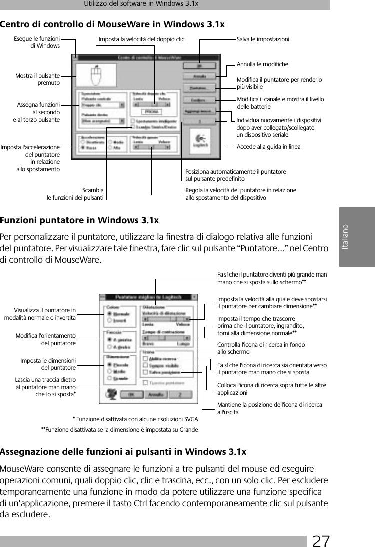  27 Utilizzo del software in Windows 3.1x Italiano Centro di controllo di MouseWare in Windows 3.1xFunzioni puntatore in Windows 3.1x Per personalizzare il puntatore, utilizzare la finestra di dialogo relativa alle funzioni del puntatore. Per visualizzare tale finestra, fare clic sul pulsante “Puntatore...” nel Centro di controllo di MouseWare. Assegnazione delle funzioni ai pulsanti in Windows 3.1x MouseWare consente di assegnare le funzioni a tre pulsanti del mouse ed eseguire operazioni comuni, quali doppio clic, clic e trascina, ecc., con un solo clic. Per escludere temporaneamente una funzione in modo da potere utilizzare una funzione specifica di un’applicazione, premere il tasto Ctrl facendo contemporaneamente clic sul pulsante da escludere. Esegue le funzionidi WindowsMostra il pulsantepremutoAssegna funzionial secondoe al terzo pulsanteImposta l&apos;accelerazionedel puntatorein relazioneallo spostamentoImposta la velocità del doppio clic Salva le impostazioniAnnulla le modificheIndividua nuovamente i dispositivi dopo aver collegato/scollegato un dispositivo serialeScambiale funzioni dei pulsantiRegola la velocità del puntatore in relazione allo spostamento del dispositivoPosiziona automaticamente il puntatore sul pulsante predefinitoAccede alla guida in lineaModifica il puntatore per renderlo più visibileModifica il canale e mostra il livello delle batterieVisualizza il puntatore inmodalità normale o invertitaModifica l&apos;orientamentodel puntatoreImposta le dimensionidel puntatoreLascia una traccia dietroal puntatore man manoche lo si sposta*Fa sì che il puntatore diventi più grande man mano che si sposta sullo schermo**Imposta la velocità alla quale deve spostarsi il puntatore per cambiare dimensione**Imposta il tempo che trascorre prima che il puntatore, ingrandito, torni alla dimensione normale**Controlla l&apos;icona di ricerca in fondo allo schermoFa sì che l&apos;icona di ricerca sia orientata verso il puntatore man mano che si spostaColloca l&apos;icona di ricerca sopra tutte le altre applicazioniMantiene la posizione dell&apos;icona di ricerca all&apos;uscita* Funzione disattivata con alcune risoluzioni SVGA**Funzione disattivata se la dimensione è impostata su Grande