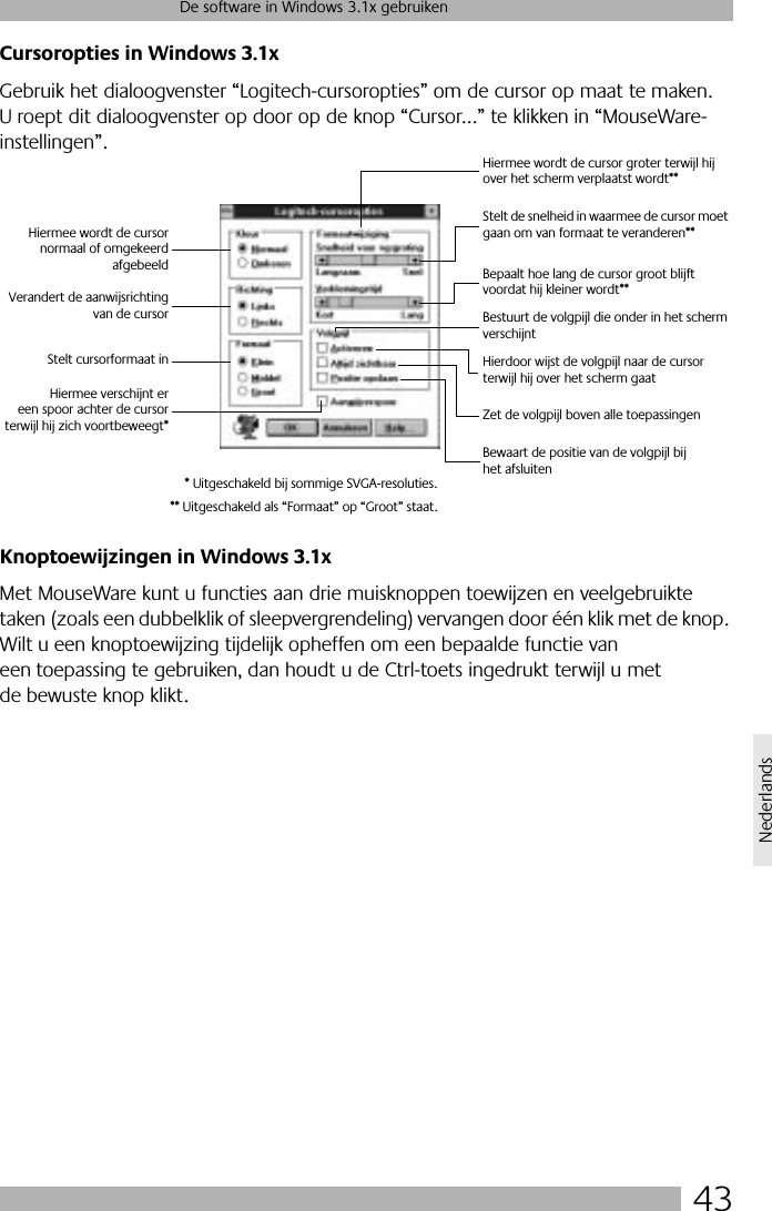 43De software in Windows 3.1x gebruikenNederlandsCursoropties in Windows 3.1xGebruik het dialoogvenster “Logitech-cursoropties” om de cursor op maat te maken. U roept dit dialoogvenster op door op de knop “Cursor...” te klikken in “MouseWare-instellingen”.Knoptoewijzingen in Windows 3.1xMet MouseWare kunt u functies aan drie muisknoppen toewijzen en veelgebruikte taken (zoals een dubbelklik of sleepvergrendeling) vervangen door één klik met de knop. Wilt u een knoptoewijzing tijdelijk opheffen om een bepaalde functie van een toepassing te gebruiken, dan houdt u de Ctrl-toets ingedrukt terwijl u met de bewuste knop klikt. Hiermee wordt de cursornormaal of omgekeerdafgebeeldVerandert de aanwijsrichtingvan de cursorStelt cursorformaat inHiermee verschijnt ereen spoor achter de cursorterwijl hij zich voortbeweegt*Hiermee wordt de cursor groter terwijl hij over het scherm verplaatst wordt**Stelt de snelheid in waarmee de cursor moet gaan om van formaat te veranderen**Bepaalt hoe lang de cursor groot blijft voordat hij kleiner wordt**Bestuurt de volgpijl die onder in het scherm verschijntHierdoor wijst de volgpijl naar de cursor terwijl hij over het scherm gaatZet de volgpijl boven alle toepassingenBewaart de positie van de volgpijl bij het afsluiten* Uitgeschakeld bij sommige SVGA-resoluties.** Uitgeschakeld als “Formaat” op “Groot” staat.