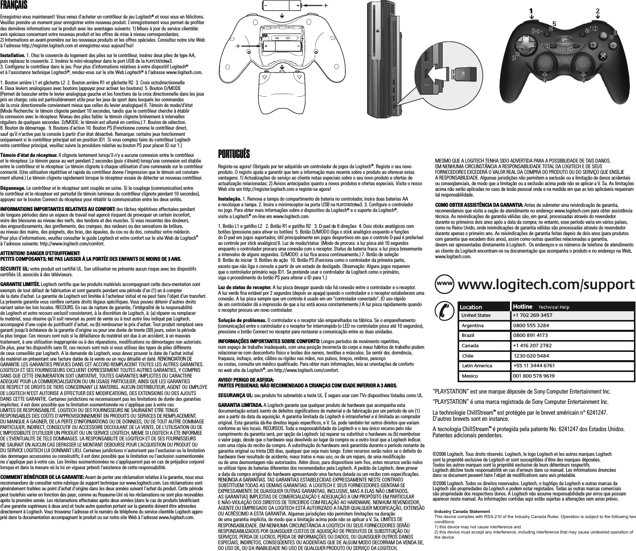 FRANÇAISEnregistrez-vous maintenant! Vous venez d&apos;acheter un contrôleur de jeu Logitech® et nous vous en félicitons. Veuillez prendre un moment pour enregistrer votre nouveau produit. L’enregistrement vous permet de profiter des dernières informations sur le produit avec les avantages suivants: 1) Mises à jour du service clientèle: avis spéciaux concernant votre nouveau produit et les offres de mise à niveau correspondantes; 2) Informations en avant-première sur les nouveaux produits et les offres spéciales. Consultez notre site Web à l&apos;adresse http://register.logitech.com et enregistrez-vous aujourd’hui!Installation. 1. Otez le couvercle du logement des piles sur le contrôleur, insérez deux piles de type AA, puis replacez le couvercle. 2. Insérez le mini-récepteur dans le port USB de la PLAYSTATION®3.3. Configurez le contrôleur dans le jeu. Pour plus d&apos;informations relatives à votre dispositif Logitech®et à l&apos;assistance technique Logitech®, rendez-vous sur le site Web Logitech® à l&apos;adresse www.logitech.com.1. Bouton arrière L1 et gâchette L2  2. Bouton arrière R1 et gâchette R2  3. Croix octodirectionnelle4. Deux leviers analogiques avec boutons (appuyez pour activer les boutons)  5. Bouton D/MODE (Permet de basculer entre le levier analogique gauche et les fonctions de la croix directionnelle dans les jeux pris en charge; cela est particulièrement utile pour les jeux de sport dans lesquels les commandes de la croix directionnelle conviennent mieux que celles du levier analogique) 6. Témoin de mode/d&apos;état(Mode Recherche: le témoin clignote pendant 10 secondes, tandis que le contrôleur cherche à établir la connexion avec le récepteur. Niveau des piles faible: le témoin clignote brièvement à intervalles réguliers de quelques secondes. D/MODE: le témoin est allumé en continu.) 7. Bouton de sélection.8. Bouton de démarrage.  9. Boutons d’action 10. Bouton PS (Fonctionne comme le contrôleur direct, sauf qu&apos;il n&apos;active pas la console à partir d&apos;un état désactivé. Remarque: certains jeux fonctionnent uniquement si le contrôleur principal est en position ID1. Si vous comptez faire du contrôleur Logitech votre contrôleur principal, veuillez suivre la procédure relative au bouton PS pour placer ID sur 1.)Témoin d’état du récepteur. Il clignote lentement lorsqu&apos;il n&apos;y a aucune connexion entre le contrôleur et le récepteur. Le témoin passe au vert pendant 2 secondes (puis s&apos;éteint) lorsqu&apos;une connexion est établie entre le contrôleur et le récepteur. Le témoin clignote à chaque utilisation d’une commande sur le contrôleur connecté. (Une utilisation répétitive et rapide du contrôleur donne l&apos;impression que le témoin est constam-ment allumé.) Le témoin clignote rapidement lorsque le récepteur essaie de détecter un nouveau contrôleur.Dépannage. Le contrôleur et le récepteur sont couplés en usine. Si le couplage (communication) entre le contrôleur et le récepteur est perturbé (le témoin lumineux du contrôleur clignote pendant 10 secondes), appuyez sur le bouton Connect du récepteur pour rétablir la communication entre les deux unités.INFORMATIONS IMPORTANTES RELATIVES AU CONFORT: des tâches répétitives effectuées pendant de longues périodes dans un espace de travail mal agencé risquent de provoquer un certain inconfort, voire des blessures au niveau des nerfs, des tendons et des muscles. Si vous ressentez des douleurs, des engourdissements, des gonflements, des crampes, des raideurs ou des sensations de brûlure, au niveau des mains, des poignets, des bras, des épaules, du cou ou du dos, consultez votre médecin. Pour plus d’informations, veuillez consulter le guide Logitech et votre confort sur le site Web de Logitech®à l’adresse suivante: http://www.logitech.com/comfort.ATTENTION! DANGER D’ETOUFFEMENT: PETITS COMPOSANTS; NE PAS LAISSER À LA PORTÉE DES ENFANTS DE MOINS DE 3 ANS.SECURITE UL: votre produit est certifié UL. Son utilisation ne présente aucun risque avec les dispositifs certifiés UL associés à des téléviseurs. GARANTIE LIMITÉE. Logitech certifie que les produits matériels accompagnant cette docu-mentation sont exempts de tout défaut de fabrication et sont garantis pendant une période d’un (1) an à compter de la date d&apos;achat. La garantie de Logitech est limitée à l&apos;acheteur initial et ne peut faire l&apos;objet d&apos;un transfert. La présente garantie vous confère certains droits légaux spécifiques. Vous pouvez détenir d&apos;autres droits variant selon les lois locales. RECOURS. En cas de rupture de garantie, l&apos;intégralité de la responsabilité de Logitech et votre recours exclusif consisteront, à la discrétion de Logitech, à: (a) réparer ou remplacer le matériel, sous réserve qu&apos;il soit renvoyé au point de vente ou à tout autre lieu indiqué par Logitech, accompagné d’une copie du justificatif d’achat, ou (b) rembourser le prix d’achat. Tout produit remplacé sera garanti jusqu&apos;à échéance de la garantie d&apos;origine ou pour une durée de trente (30) jours, selon la période la plus longue. Ces recours sont nuls si la défaillance du matériel est due à un accident, à un mauvais traitement, à une utilisation inappropriée ou à des réparations, modifications ou démontages non autorisés. De plus, pour les dispositifs sans fil, ces recours sont nuls si vous utilisez des types de piles différents de ceux conseillés par Logitech. A la demande de Logitech, vous devez prouver la date de l&apos;achat initial du matériel en présentant une facture datée de la vente ou un reçu détaillé et daté. RENONCIATION DE GARANTIE. LES GARANTIES PREVUES DANS CET ACCORD REMPLACENT TOUTES LES AUTRES GARANTIES. LOGITECH ET SES FOURNISSEURS EXCLUENT EXPRESSEMENT TOUTES AUTRES GARANTIES, Y COMPRIS SANS QUE CETTE ENUMERATION SOIT LIMITATIVE, TOUTES GARANTIES IMPLICITES DU CARACTERE ADEQUAT POUR LA COMMERCIALISATION OU UN USAGE PARTICULIER, AINSI QUE LES GARANTIES DE RESPECT DE DROITS DE TIERS CONCERNANT LE MATERIEL. AUCUN DISTRIBUTEUR, AGENT OU EMPLOYE DE LOGITECH N&apos;EST AUTORISE A EFFECTUER DES MODIFICATIONS, DES EXTENSIONS OU DES AJOUTS DANS CETTE GARANTIE. Certaines juridictions ne reconnaissent pas les limitations de durée des garanties implicites; il est donc possible que la limitation susmentionnée ne s’applique pas à votre cas. LIMITES DE RESPONSABILITÉ. LOGITECH OU SES FOURNISSEURS NE SAURAIENT ETRE TENUS RESPONSABLES DES COÛTS D&apos;APPROVISIONNEMENT EN PRODUITS OU SERVICES DE REMPLACEMENT, DU MANQUE A GAGNER, DE LA PERTE D&apos;INFORMATIONS OU DE DONNEES, OU DE TOUT AUTRE DOMMAGE PARTICULIER, INDIRECT, CONSECUTIF OU ACCESSOIRE DECOULANT DE LA VENTE, DE L&apos;UTILISATION OU DE L&apos;IMPOSSIBILITE D&apos;UTILISER UN PRODUIT OU UN SERVICE LOGITECH, MEME SI LOGITECH A ETE INFORMEE DE L&apos;EVENTUALITE DE TELS DOMMAGES. LA RESPONSABILITE DE LOGITECH ET DE SES FOURNISSEURS NE SAURAIT EN AUCUN CAS DEPASSER LE MONTANT DEBOURSE POUR L’ACQUISITION DU PRODUIT OU DU SERVICE LOGITECH LUI DONNANT LIEU. Certaines juridictions n’autorisent pas l’exclusion ou la limitation des dommages accessoires ou consécutifs; il est donc possible que la limitation ou l’exclusion susmentionnée ne s’applique pas à votre cas. Les limites susmentionnées ne s&apos;appliqueront pas en cas de préjudice corporel lorsque et dans la mesure où la loi en vigueur prévoit l&apos;existence de cette responsabilité.COMMENT BÉNÉFICIER DE LA GARANTIE: Avant de porter une réclamation relative à la garantie, nous vous recommandons de consulter notre rubrique de support technique sur www.logitech.com. Les réclamations sont généralement traitées au point d’achat d’origine dans les deux années suivant l’achat du produit. Cette période peut toutefois varier en fonction des pays, comme au Royaume-Uni où les réclamations ne sont plus recevables après la première année. Les réclamations effectuées après deux années (dans le cas de produits bénéficiant d’une garantie supérieure à deux ans) et toute autre question portant sur la garantie doivent être adressées directement à Logitech. Vous trouverez l’adresse et le numéro de téléphone du service clientèle Logitech appro-prié dans la documentation accompagnant le produit ou sur notre site Web à l’adresse www.logitech.com.PORTUGUÊSRegiste-se agora! Obrigado por ter adquirido um controlador de jogos da Logitech®. Registe o seu novo produto. O registo ajuda a garantir que tem a informação mais recente sobre o produto ao oferecer estas vantagens: 1) Actualizações do serviço ao cliente notas especiais sobre o seu novo produto e ofertas de actualização relacionadas; 2) Avisos antecipados quanto a novos produtos e ofertas especiais. Visite o nosso Web site em http://register.logitech.com e registe-se agora!Instalação. 1. Remova a tampa do compartimento de bateria no controlador, insira duas baterias AA e recoloque a tampa. 2. Insira o minirreceptor na porta USB na PLAYSTATION®3. 3. Configure o controlador no jogo. Para obter mais informações sobre o dispositivo da Logitech® e o suporte da Logitech®,visite a Logitech® on-line em www.logitech.com.1. Botão L1 e gatilho L2   2. Botão R1 e gatilho R2   3. D-pad de 8 direções  4. Dois sticks analógicos com botões (pressione para ativar os botões)  5. Botão D/MODO (liga o stick analógico esquerdo e funções do D-pad em jogos suportados; útil principalmente em jogos desportivos em que o controle D-pad é preferível ao controle por stick analógico) 6. Luz de modo/status  (Modo de procura: a luz pisca até 10 segundos enquanto o controlador procura uma conexão com o receptor. Status de bateria fraca: a luz pisca brevemente a intervalos de alguns segundos. D/MODO: a luz fica acesa continuamente.) 7. Botão de seleção8. Botão de iniciar  9. Botões de ação  10. Botão PS (Funciona como o controlador da primeira parte, exceto que não liga o console a partir de um estado de desligado. Observação: Alguns jogos requerem que o controlador primário seja ID1. Se pretende usar o controlador da Logitech como o primário, siga o procedimento do botão PS para alterar o ID para 1.)Luz de status do receptor. A luz pisca devagar quando não há conexão entre o controlador e o receptor. A luz verde fica estável por 2 segundos (depois se apaga) quando o controlador e o receptor estabelecem uma conexão. A luz pisca sempre que um controle é usado em um &quot;controlador conectado&quot;. (O uso rápido de um controlador dá a impressão de que a luz está acesa constantemente.) A luz pisca rapidamente quando o receptor procura um novo controlador.Solução de problemas. O controlador e o receptor são emparelhados na fábrica. Se o emparelhamento (comunicação) entre o controlador e o receptor for interrompido (o LED no controlador pisca até 10 segundos), pressione o botão Connect no receptor para restaurar a comunicação entre as duas unidades.INFORMAÇÕES IMPORTANTES SOBRE CONFORTO: Longos períodos de movimento repetitivo, num espaço de trabalho inadequado, com uma posição incorrecta do corpo e maus hábitos de trabalho podem relacionar-se com desconforto físico e lesões dos nervos, tendões e músculos. Se sentir dor, dormência, fraqueza, inchaço, ardor, cãibra ou rigidez nas mãos, nos pulsos, braços, ombros, pescoço ou costas, consulte um médico qualificado. Para obter mais informações, leia as orientações de conforto no web site da Logitech®, em http://www.logitech.com/comfort.AVISO! PERIGO DE ASFIXIA: PARTES PEQUENAS; NÃO RECOMENDADO A CRIANÇAS COM IDADE INFERIOR A 3 ANOS.SEGURANÇA UL: seu produto foi submetido a teste UL. É seguro usar com TVs dispositivos listados como UL. GARANTIA LIMITADA. A Logitech garante que qualquer produto de hardware que acompanha esta documentação estará isento de defeitos significativos de material e de fabricação por um período de um (1) ano a partir da data da aquisição. A garantia limitada da Logitech é intransferível e é limitada ao comprador original. Esta garantia dá-lhe direitos legais específicos, e V. Sa. pode também ter outros direitos que variam conforme as leis locais. RECURSOS. Toda a responsabilidade da Logitech e o seu único recurso pelo não cumprimento da garantia será, por opção da Logitech: (a) reparar ou substituir o hardware ou (b) reembolsar o valor pago, desde que o hardware seja devolvido ao lugar da compra ou a outro local que a Logitech indicar, com uma cópia do recibo da compra. A substituição do hardware será garantida durante o período restante da garantia original ou trinta (30) dias, qualquer que seja mais longo. Estes recursos serão nulos se o defeito do hardware tiver resultado de acidente, maus tratos e mau uso, ou de um reparo, de uma modificação ou de uma desmontagem não autorizados. Além disso, para dispositivos sem fios, estes recursos serão nulos se utilizar tipos de baterias diferentes dos recomendados pela Logitech. A pedido da Logitech, deve provar a data da compra original do hardware apresentando uma factura datada ou um recibo com especificações. RENÚNCIA A GARANTIAS. TAS GARANTIAS ESTABELECIDAS EXPRESSAMENTE NESTE CONTRATO SUBSTITUEM TODAS AS DEMAIS GARANTIAS. A LOGITECH E SEUS FORNECEDORES ISENTAM-SE EXPRESSAMENTE DE QUAISQUER OUTRAS GARANTIAS, INCLUSIVE, MAS A ELAS NÃO LIMITADOS, AS GARANTIAS IMPLÍCITAS DE COMERCIALIZAÇÃO E ADEQUAÇÃO A UM PROPÓSITO EM PARTICULAR E NÃO-VIOLAÇÃO DOS DIREITOS DE TERCEIROS COM RELAÇÃO AO HARDWARE. NENHUM REVENDEDOR, AGENTE OU EMPREGADO DA LOGITECH ESTÁ AUTORIZADO A FAZER QUALQUER MODIFICAÇÃO, EXTENSÃO OU ACRÉSCIMO A ESTA GARANTIA. Algumas jurisdições não permitem limitações na duração de uma garantia implícita, de modo que a limitação acima pode não se aplicar a V. Sa. LIMITES DE RESPONSABILIDADE. EM NENHUMA CIRCUNSTÂNCIA A LOGITECH OU SEUS FORNECEDORES SERÃO RESPONSABILIZADOS POR QUAISQUER CUSTOS DE AQUISIÇÃO DE PRODUTOS DE SUBSTITUIÇÃO OU SERVIÇOS, PERDA DE LUCROS, PERDA DE INFORMAÇÕES OU DADOS, OU QUAISQUER OUTROS DANOS ESPECIAIS, INDIRETOS, CONSEQÜENTES OU ACIDENTAIS QUE DE ALGUM MODO DECORRAM DA VENDA DE, DO USO DE, OU DA INABILIDADE NO USO DE QUALQUER PRODUTO OU SERVIÇO DA LOGITECH, MESMO QUE A LOGITECH TENHA SIDO ADVERTIDA PARA A POSSIBILIDADE DE TAIS DANOS. EM NENHUMA CIRCUNSTÂNCIA A RESPONSABILIDADE TOTAL DA LOGITECH E DE SEUS FORNECEDORES EXCEDERÁ O VALOR REAL DA COMPRA DO PRODUTO OU DO SERVIÇO QUE ENSEJE A RESPONSABILIDADE. Algumas jurisdições não permitem a exclusão ou a limitação de danos acidentais ou conseqüenciais, de modo que a limitação ou a exclusão acima pode não se aplicar a V. Sa. As limitações acima não serão aplicadas no caso de lesão pessoal onde e na medida em que as leis aplicáveis requeiram tal responsabilidade.COMO OBTER ASSISTÊNCIA DA GARANTIA: Antes de submeter uma reivindicação de garantia, recomendamos que visite a seção de atendimento no endereço www.logitech.com para obter assistência técnica. As reivindicações de garantia válidas são, em geral, processadas através do revendedor durante os primeiros dois anos após a data da compra; no entanto, esse período varia em vários países, como no Reino Unido, onde reivindicações de garantia válidas são processadas através do revendedor durante apenas o primeiro ano. As reivindicações de garantia feitas depois de dois anos (para produtos com garantia que excedem dois anos), assim como outras questões relacionadas a garantia, devem ser apresentadas diretamente à Logitech.  Os endereços e os números de telefone de atendimento ao cliente da Logitech encontram-se na documentação que acompanha o produto e no endereço na Web, www.logitech.com.“PLAYSTATION” est une marque déposée de Sony Computer Entertainment Inc.“PLAYSTATION” é uma marca registrada de Sony Computer Entertainment Inc.La technologie ChillStream™ est protégée par le brevet américain n° 6241247. D&apos;autres brevets sont en instance.A tecnologia ChillStream™ é protegida pela patente No. 6241247 dos Estados Unidos. Patentes adicionais pendentes.©2006 Logitech. Tous droits réservés. Logitech, le logo Logitech et les autres marques Logitech sont la propriété exclusive de Logitech et sont susceptibles d’être des marques déposées. Toutes les autres marques sont la propriété exclusive de leurs détenteurs respectifs. Logitech décline toute responsabilité en cas d’erreurs dans ce manuel. Les informations énoncées dans ce document peuvent faire l’objet de modifications sans avis préalable.©2006 Logitech. Todos os direitos reservados. Logitech, o logótipo da Logitech e outras marcas da Logitech são propriedades da Logitech e podem estar registados. Todas as outras marcas comerciais são propriedade dos respectivos donos. A Logitech não assume responsabilidade por erros que possam aparecer neste manual. As informações contidas aqui estão sujeitas a alterações sem aviso prévio.620-000123.001www.logitech.com/supportWWW6OJUFE4UBUFT&quot;SHFOUJOB#SB[JM$BOBEB$IJMF-BUJO&quot;NFSJDB.FYJDP1114 4351067892Industry Canada StatementThis device complies with RSS-210 of the Industry Canada Rules. Operation is subject to the following twoconditions:1) this device may not cause interference and2) this device must accept any interference, including interference that may cause undesired operation ofthe device