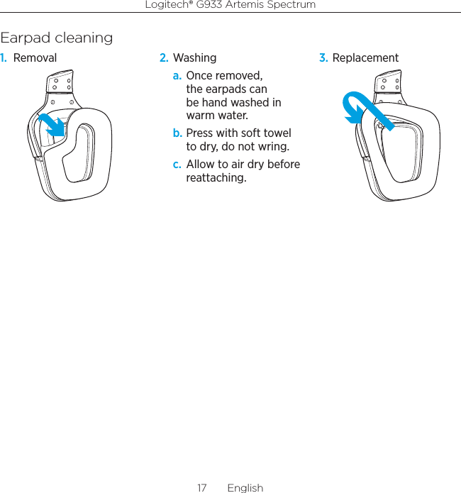 Logitech® G933 Artemis Spectrum17  EnglishEarpad cleaning1.  Removal 2. Washinga. Once removed, the earpads can be hand washed in warm water.b. Press with soft towel to dry, do not wring.c.  Allow to air dry before reattaching.3. Replacement