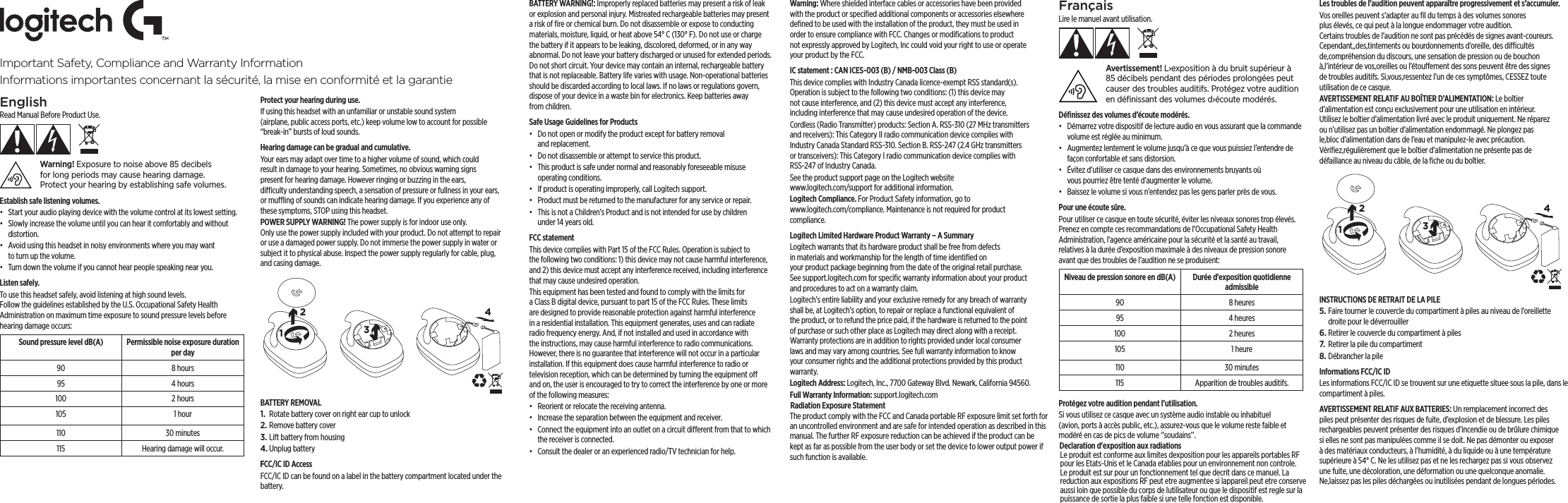 EnglishRead Manual Before Product Use. Warning! Exposure to noise above 85 decibels forlongperiods may cause hearing damage. Protectyour hearing by establishing safe volumes.Establish safe listening volumes.•  Start your audio playing device with the volume control at its lowest setting.•  Slowly increase the volume until you can hear it comfortably and without distortion.•  Avoid using this headset in noisy environments where you may want toturnup the volume.•  Turn down the volume if you cannot hear people speaking near you. Listen safely.To use this headset safely, avoid listening at high sound levels. Followtheguidelines established by the U.S. Occupational Safety Health Administration on maximum time exposure to sound pressure levels before hearing damage occurs:Sound pressure level dB(A) Permissible noise exposure duration per day90 8 hours95 4 hours100 2 hours105 1 hour110 30 minutes115 Hearing damage will occur.Protect your hearing during use. If using this headset with an unfamiliar or unstable sound system (airplane,public access ports, etc.) keep volume low to account for possible “break-in” bursts of loud sounds.Hearing damage can be gradual and cumulative.Your ears may adapt over time to a higher volume of sound, which could result in damage to your hearing. Sometimes, no obvious warning signs present for hearing damage. However ringing or buzzing in the ears, dicultyunderstanding speech, a sensation of pressure or fullness in your ears, ormuing of sounds can indicate hearing damage. If you experience any of these symptoms, STOP using this headset.POWER SUPPLY WARNING! The power supply is for indoor use only. Onlyusethe power supply included with your product. Do not attempt to repair or use a damaged power supply. Do not immerse the power supply in water or subject it to physical abuse. Inspect the power supply regularly for cable, plug, and casing damage.1234BATTERY REMOVAL1.  Rotate battery cover on right ear cup to unlock2. Remove battery cover3. Lift battery from housing4. Unplug batteryFCC/IC ID AccessFCC/IC ID can be found on a label in the battery compartment located under the battery.Important Safety, Compliance and Warranty InformationInformations importantes concernant la sécurité, la mise en conformité et la garantieBATTERY WARNING!: Improperly replaced batteries may present a risk of leak or explosion and personal injury. Mistreated rechargeable batteries may present a risk of ﬁre or chemical burn. Do not disassemble or expose to conducting materials, moisture, liquid, or heat above 54°C (130°F). Do not use or charge the battery if it appears to be leaking, discolored, deformed, or in any way abnormal. Do not leave your battery discharged or unused for extended periods. Donotshort circuit. Your device may contain an internal, rechargeable battery that is not replaceable. Battery life varies with usage. Non-operational batteries should be discarded according to local laws. If no laws or regulations govern, dispose of your device in a waste bin for electronics. Keep batteries away fromchildren.Safe Usage Guidelines for Products•  Do not open or modify the product except for battery removal andreplacement.•  Do not disassemble or attempt to service this product.•  This product is safe under normal and reasonably foreseeable misuse operating conditions.•  If product is operating improperly, call Logitech support.•  Product must be returned to the manufacturer for any service or repair.•  This is not a Children’s Product and is not intended for use by children under14 years old.FCC statement This device complies with Part 15 of the FCC Rules. Operation is subject to thefollowing two conditions: 1) this device may not cause harmful interference, and 2) this device must accept any interference received, including interference that may cause undesired operation. This equipment has been tested and found to comply with the limits for aClassB digital device, pursuant to part 15 of the FCC Rules. These limits are designed to provide reasonable protection against harmful interference in a residential installation. This equipment generates, uses and can radiate radio frequency energy. And, if not installed and used in accordance with the instructions, may cause harmful interference to radio communications. However,thereis no guarantee that interference will not occur in a particular installation. Ifthisequipment does cause harmful interference to radio or television reception, which can be determined by turning the equipment o andon, the user is encouraged to try to correct the interference by one or more of thefollowing measures:•  Reorient or relocate the receiving antenna.•  Increase the separation between the equipment and receiver.•  Connect the equipment into an outlet on a circuit dierent from that to which the receiver is connected. •  Consult the dealer or an experienced radio/TV technician for help.Warning: Where shielded interface cables or accessories have been provided with the product or speciﬁed additional components or accessories elsewhere deﬁned to be used with the installation of the product, they must be used in order to ensure compliance with FCC. Changes or modiﬁcations to product notexpressly approved by Logitech, Inc could void your right to use or operate your product by the FCC.IC statement : CAN ICES-003 (B) / NMB-003 Class (B)This device complies with Industry Canada licence-exempt RSS standard(s). Operation is subject to the following two conditions: (1) this device may not cause interference, and (2) this device must accept any interference, includinginterference that may cause undesired operation of the device.Cordless (Radio Transmitter) products: Section A. RSS-310 (27 MHz transmitters and receivers): This Category II radio communication device complies with Industry Canada Standard RSS-310. Section B. RSS-247 (2.4 GHz transmitters or transceivers): This Category I radio communication device complies with RSS-247 of Industry Canada.See the product support page on the Logitech website www.logitech.com/support for additional information.Logitech Compliance. For Product Safety information, go to www.logitech.com/compliance. Maintenance is not required for product compliance.Logitech Limited Hardware Product Warranty – A Summary Logitech warrants that its hardware product shall be free from defects in materials and workmanship for the length of time identiﬁed on yourproduct package beginning from the date of the original retail purchase. Seesupport.logitech.com for speciﬁc warranty information about your product and procedures to act on a warranty claim. Logitech’s entire liability and your exclusive remedy for any breach of warranty shall be, at Logitech’s option, to repair or replace a functional equivalent of theproduct, or to refund the price paid, if the hardware is returned to the point of purchase or such other place as Logitech may direct along with a receipt. Warranty protections are in addition to rights provided under local consumer laws and may vary among countries. See full warranty information to know your consumer rights and the additional protections provided by this product warranty. Logitech Address: Logitech, Inc., 7700 Gateway Blvd. Newark, California 94560.Full Warranty Information: support.logitech.comFrançaisLire le manuel avant utilisation. Avertissement! L›exposition à du bruit supérieurà 85décibels pendant des périodes prolongées peut causer des troubles auditifs. Protégez votre audition en définissant desvolumes d›écoute modérés.Déﬁnissez des volumes d’écoute modérés.•  Démarrez votre dispositif de lecture audio en vous assurant que lacommande volume est réglée au minimum.•  Augmentez lentement le volume jusqu’à ce que vous puissiez l’entendre de façon confortable et sans distorsion.•  Évitez d’utiliser ce casque dans des environnements bruyants où vouspourriez être tenté d’augmenter le volume.•  Baissez le volume si vous n’entendez pas les gens parler près de vous. Pour une écoute sûre.Pour utiliser ce casque en toute sécurité, éviter les niveaux sonores trop élevés. Prenez en compte ces recommandations de l’Occupational Safety Health Administration, l’agence américaine pour la sécurité et la santé au travail, relatives à la durée d’exposition maximale à des niveaux de pression sonore avant que des troubles de l’audition ne se produisent:Niveau de pression sonore en dB(A) Durée d&apos;exposition quotidienne admissible90 8heures95 4heures100 2heures105 1 heure110 30 minutes115 Apparition de troubles auditifs.Protégez votre audition pendant l’utilisation. Si vous utilisez ce casque avec un système audio instable ou inhabituel (avion,ports à accès public, etc.), assurez-vous que le volume reste faible et modéré en cas de pics de volume ‘’soudains’’.Les troubles de l’audition peuvent apparaître progressivement ets’accumuler.Vos oreilles peuvent s’adapter au ﬁl du temps à des volumes sonores plus élevés, ce qui peut à la longue endommager votre audition. Certainstroubles de l’audition ne sont pas précédés de signes avant-coureurs. Cependant,,des,tintements ou bourdonnements d’oreille, desdicultés de,compréhension du discours, une sensation de pression ou de bouchon à,l’intérieur de vos,oreilles ou l’étouement des sons peuvent être des signes de troubles auditifs. Si,vous,ressentez l’un de cessymptômes, CESSEZ toute utilisation de ce casque.AVERTISSEMENT RELATIF AU BOÎTIER D’ALIMENTATION: Le boîtier d’alimentation est conçu exclusivement pour une utilisation en intérieur. Utilisez le boîtier d’alimentation livré avec le produit uniquement. Neréparez ou n’utilisez pas un boîtier d’alimentation endommagé. Neplongez pas le,bloc d’alimentation dans de l’eau et manipulez-le avec précaution. Vériﬁez,régulièrement que le boîtier d’alimentation ne présente pas de défaillance au niveau du câble, de la ﬁche ou du boîtier.1234INSTRUCTIONS DE RETRAIT DE LA PILE5. Faire tourner le couvercle du compartiment à piles au niveau de l’oreillette droite pour le déverrouiller6. Retirer le couvercle du compartiment à piles7. Retirer la pile du compartiment8. Débrancher la pileInformations FCC/IC IDLes informations FCC/IC ID se trouvent sur une etiquette situee sous la pile, dans le compartiment à piles.AVERTISSEMENT RELATIF AUX BATTERIES: Un remplacement incorrect des piles peut présenter des risques de fuite, d’explosion et de blessure. Les piles rechargeables peuvent présenter des risques d’incendie ou de brûlure chimique si elles ne sont pas manipulées comme il se doit. Nepas démonter ou exposer à des matériaux conducteurs, à l’humidité, à du liquide ou à une température supérieure à 54°C. Neles utilisez pas et ne les rechargez pas si vous observez une fuite, une décoloration, une déformation ou une quelconque anomalie. Ne,laissez pas lespiles déchargées ou inutilisées pendant de longues périodes.   Radiation Exposure StatementThe product comply with the FCC and Canada portable RF exposure limit set forth foran uncontrolled environment and are safe for intended operation as described in thismanual. The further RF exposure reduction can be achieved if the product can bekept as far as possible from the user body or set the device to lower output power ifsuch function is available.Declaration d&apos;exposition aux radiationsLe produit est conforme aux limites dexposition pour les appareils portables RFpour les Etats-Unis et le Canada etablies pour un environnement non controle.Le produit est sur pour un fonctionnement tel que decrit dans ce manuel. Lareduction aux expositions RF peut etre augmentee si lappareil peut etre conserveaussi loin que possible du corps de lutilisateur ou que le dispositif est regle sur lapuissance de sortie la plus faible si une telle fonction est disponible.F