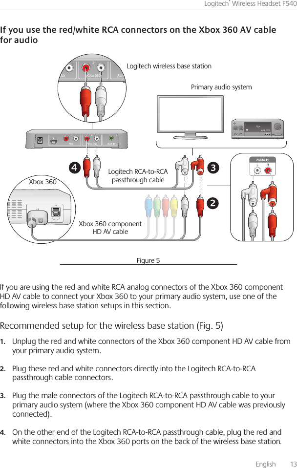       English    13Logitech® Wireless Headset F540  If you are using the red and white RCA analog connectors of the Xbox 360 component HD AV cable to connect your Xbox 360 to your primary audio system, use one of the following wireless base station setups in this section Recommended setup for the wireless base station (Fig. 5)Unplug the red and white connectors of the 1. Xbox 360 component HD AV cable from your primary audio system  Plug these red and white connectors directly into the Logitech RCA-to-RCA 2.passthrough cable connectors  Plug the male connectors of the Logitech RCA-to-RCA passthrough cable to your 3.primary audio system (where the Xbox 360 component HD AV cable was previously connected)  On the other end of the Logitech RCA-to-RCA passthrough cable, plug the red and 4.white connectors into the Xbox 360 ports on the back of the wireless base station.Xbox 360Xbox 360Logitech wireless base station Primary audio system Logitech RCA-to-RCA passthrough cable Xbox 360 component HD AV cable Xbox 360Figure 5