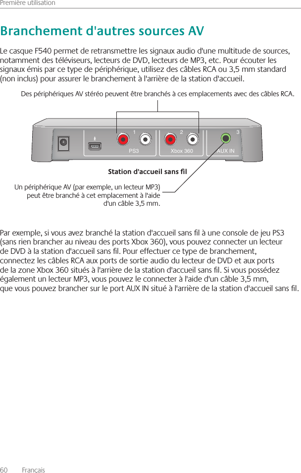 Première utilisation60    Français Le casque F540 permet de retransmettre les signaux audio d&apos;une multitude de sources, notamment des téléviseurs, lecteurs de DVD, lecteurs de MP3, etc  Pour écouter les signaux émis par ce type de périphérique, utilisez des câbles RCA ou 3,5 mm standard (non inclus) pour assurer le branchement à l&apos;arrière de la station d&apos;accueil Par exemple, si vous avez branché la station d&apos;accueil sans l à une console de jeu PS3 (sans rien brancher au niveau des ports Xbox 360), vous pouvez connecter un lecteur de DVD à la station d&apos;accueil sans l  Pour effectuer ce type de branchement, connectez les câbles RCA aux ports de sortie audio du lecteur de DVD et aux ports de la zone Xbox 360 situés à l&apos;arrière de la station d&apos;accueil sans l  Si vous possédez également un lecteur MP3, vous pouvez le connecter à l&apos;aide d&apos;un câble 3,5 mm, que vous pouvez brancher sur le port AUX IN situé à l&apos;arrière de la station d&apos;accueil sans l  2 3AUX INXbox 3601PS3Des périphériques AV stéréo peuvent être branchés à ces emplacements avec des câbles RCA Un périphérique AV (par exemple, un lecteur MP3) peut être branché à cet emplacement à l&apos;aide d&apos;un câble 3,5 mm 