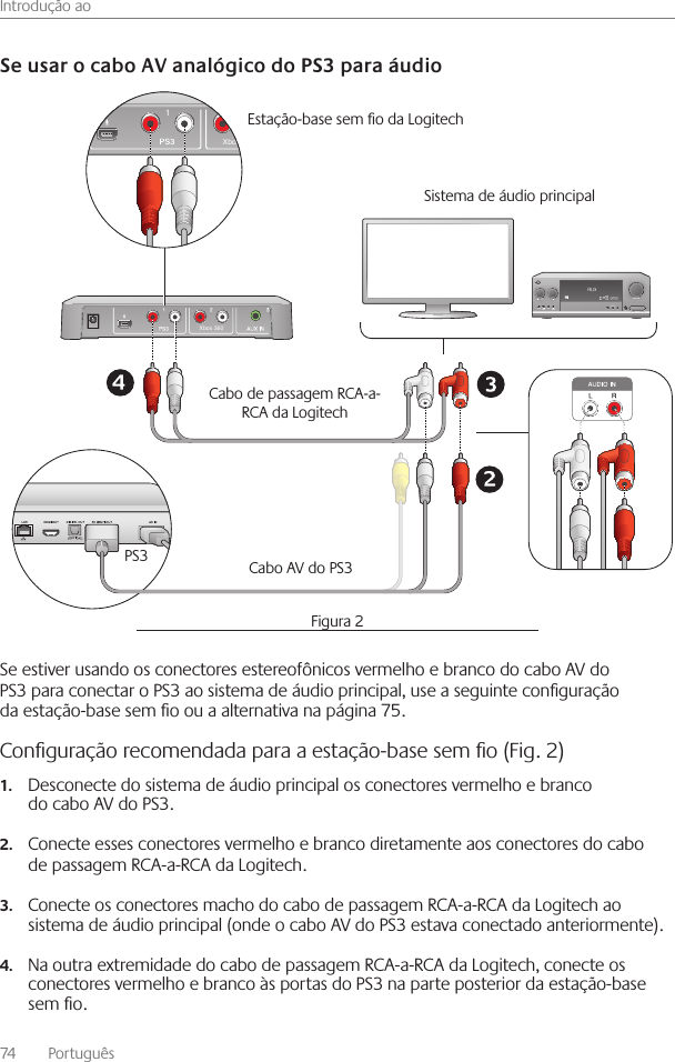 Introdução ao74    Português Se estiver usando os conectores estereofônicos vermelho e branco do cabo AV do PS3 para conectar o PS3 ao sistema de áudio principal, use a seguinte conguração da estação-base sem o ou a alternativa na página 75 Conﬁguração recomendada para a estação-base sem ﬁo (Fig. 2)Desconecte do sistema de áudio principal os conectores vermelho e branco 1.do cabo AV do PS3  Conecte esses conectores vermelho e branco diretamente aos conectores do cabo 2.de passagem RCA-a-RCA da Logitech  Conecte os conectores macho do cabo de passagem RCA-a-RCA da Logitech ao 3.sistema de áudio principal (onde o cabo AV do PS3 estava conectado anteriormente) Na outra extremidade do cabo de passagem RCA-a-RCA da Logitech, conecte os 4.conectores vermelho e branco às portas do PS3 na parte posterior da estação-base sem o.Figura 2Xbox 360Xbox 360Estação-base sem o da Logitech Sistema de áudio principal Cabo de passagem RCA-a-RCA da Logitech PS3 Cabo AV do PS3 