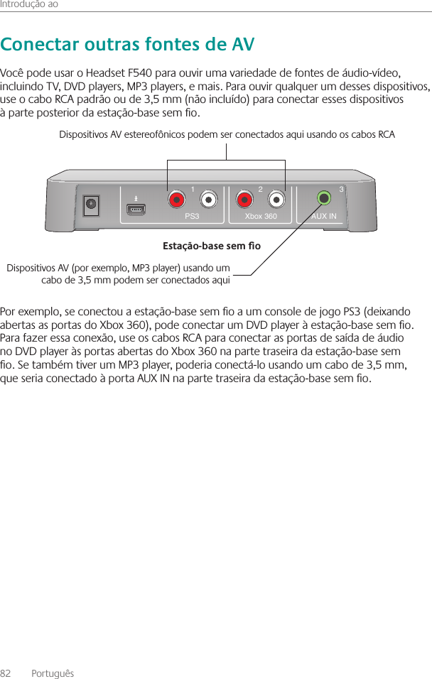 Introdução ao82    Português Você pode usar o Headset F540 para ouvir uma variedade de fontes de áudio-vídeo, incluindo TV, DVD players, MP3 players, e mais  Para ouvir qualquer um desses dispositivos, use o cabo RCA padrão ou de 3,5 mm (não incluído) para conectar esses dispositivos à parte posterior da estação-base sem o Por exemplo, se conectou a estação-base sem o a um console de jogo PS3 (deixando abertas as portas do Xbox 360), pode conectar um DVD player à estação-base sem o  Para fazer essa conexão, use os cabos RCA para conectar as portas de saída de áudio no DVD player às portas abertas do Xbox 360 na parte traseira da estação-base sem o  Se também tiver um MP3 player, poderia conectá-lo usando um cabo de 3,5 mm, que seria conectado à porta AUX IN na parte traseira da estação-base sem o  2 3AUX INXbox 3601PS3Dispositivos AV estereofônicos podem ser conectados aqui usando os cabos RCADispositivos AV (por exemplo, MP3 player) usando um cabo de 3,5 mm podem ser conectados aqui