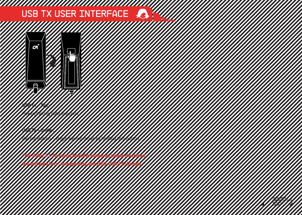 USB TX USER INTERFACEUSB Tx – Top:Power/Pairing light indicatorUSB Tx – Under:Pairing Button -  Begin pairing mode by holding this button*For Dolby 7.1 Surround Sound processing, please download the software here: astrogaming.com/A50-USB-PC-DongleASTRO GAMINGCONFIDENTIAL 2013EYES ONLY010185 