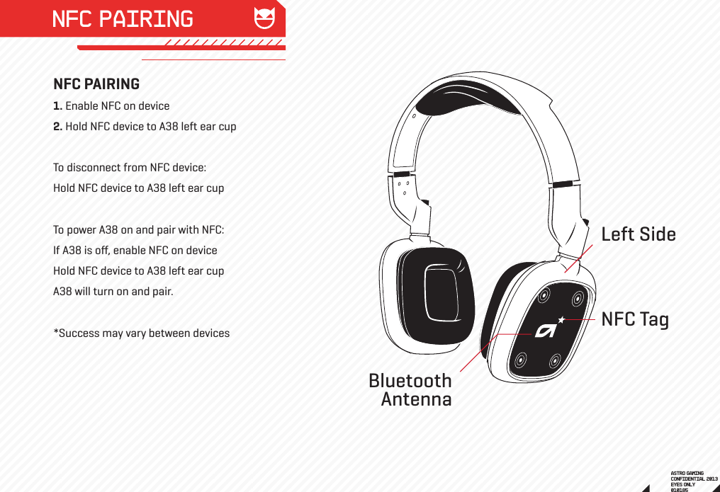NFC PAIRINGNFC PAIRING1. Enable NFC on device2. Hold NFC device to A38 left ear cupTo disconnect from NFC device:Hold NFC device to A38 left ear cupTo power A38 on and pair with NFC:If A38 is oﬀ, enable NFC on deviceHold NFC device to A38 left ear cupA38 will turn on and pair.*Success may vary between devicesASTRO GAMINGCONFIDENTIAL 2013EYES ONLY010185 NFC TagBluetoothAntennaLeft Side