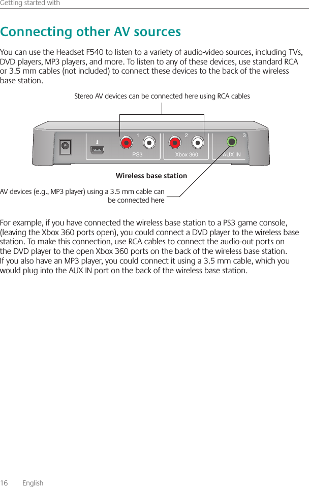 16    English    Getting started withYou can use the Headset F540 to listen to a variety of audio-video sources, including TVs, DVD players, MP3 players, and more  To listen to any of these devices, use standard RCA or 3 5 mm cables (not included) to connect these devices to the back of the wireless base station For example, if you have connected the wireless base station to a PS3 game console, (leaving the Xbox 360 ports open), you could connect a DVD player to the wireless base station  To make this connection, use RCA cables to connect the audio-out ports on the DVD player to the open Xbox 360 ports on the back of the wireless base station  If you also have an MP3 player, you could connect it using a 3 5 mm cable, which you would plug into the AUX IN port on the back of the wireless base station  2 3AUX INXbox 3601PS3Stereo AV devices can be connected here using RCA cablesAV devices (e g , MP3 player) using a 3 5 mm cable can be connected here