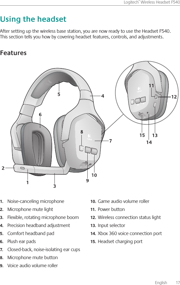       English    17Logitech® Wireless Headset F540 After setting up the wireless base station, you are now ready to use the Headset F540  This section tells you how by covering headset features, controls, and adjustments Noise-canceling microphone1.Microphone mute light2.Flexible, rotating microphone boom3.Precision headband adjustment4.Comfort headband pad5.Plush ear pads6.Closed-back, noise-isolating ear cups7.Microphone mute button8.Voice audio volume roller9.Game audio volume roller10.Power button11.Wireless connection status light12.Input selector13.Xbox 360 voice connection port14.Headset charging port15.