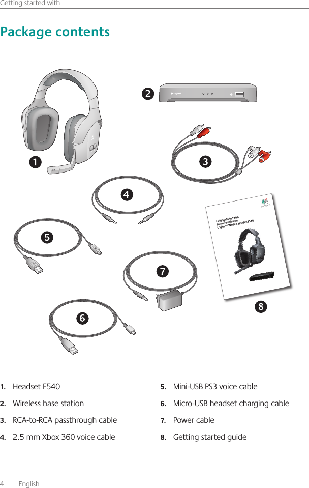 4    English    Getting started withHeadset F5401.Wireless base station2.RCA-to-RCA passthrough cable3.2 5 mm Xbox 360 voice cable4.Mini-USB PS3 voice cable5.Micro-USB headset charging cable6.Power cable7.Getting started guide8.Getting started withPremière utilisationLogitech® Wireless Headset F540