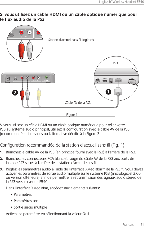 Français    51Logitech® Wireless Headset F540 Si vous utilisez un câble HDMI ou un câble optique numérique pour relier votre PS3 au système audio principal, utilisez la conguration avec le câble AV de la PS3 (recommandée) ci-dessous ou l&apos;alternative décrite à la Figure 3  Conﬁguration recommandée de la station d&apos;accueil sans ﬁl (Fig. 1) Branchez le câble AV de la PS3 (en principe fourni avec la PS3) à l&apos;arrière de la PS3 1. Branchez les connecteurs RCA blanc et rouge du câble AV de la PS3 aux ports de 2.la zone PS3 situés à l&apos;arrière de la station d&apos;accueil sans l Réglez les paramètres audio à l&apos;aide de l&apos;interface XMediaBar™ de la PS3™  Vous devez 3.activer les paramètres de sortie audio multiple sur le système PS3 (micrologiciel 3 00 ou version ultérieure) an de permettre la retransmission des signaux audio stéréo de la PS3 vers le casque F540 Dans l&apos;interface XMediaBar, accédez aux éléments suivants:Paramètres• Paramètres son• Sortie audio multiple• Activez ce paramètre en sélectionnant la valeur  Xbox 360Xbox 360PS3Câble AV de la PS3 Station d&apos;accueil sans l Logitech Figure 1