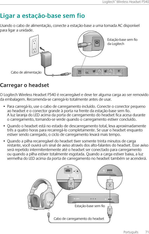 Português    71Logitech® Wireless Headset F540 Usando o cabo de alimentação, conecte a estação-base a uma tomada AC disponível para ligar a unidade   O Logitech Wireless Headset F540 é recarregável e deve ter alguma carga ao ser removido da embalagem  Recomenda-se carregá-lo totalmente antes de usar Para carregá-lo, use o •  cabo de carregamento incluído  Conecte o conector pequeno ao headset e o conector grande à porta na frente da estação-base sem o  A luz laranja do LED acima da porta de carregamento do headset ca acesa durante o carregamento, tornando-se verde quando o carregamento estiver concluído Quando o headset está no estado de descarregamento total, leva aproximadamente •  três a quatro horas para recarregá-lo completamente  Se usar o headset enquanto estiver sendo carregado, o ciclo de carregamento levará mais tempo  Quando a pilha recarregável do headset tiver somente trinta minutos de carga •  restante, você ouvirá um sinal de aviso através dos alto-falantes do headset  Esse aviso será repetido intermitentemente até o headset ser conectado para carregamento ou quando a pilha estiver totalmente esgotada  Quando a carga estiver baixa, a luz vermelha do LED acima da porta de carregamento no headset também se acenderá Estação-base sem o Cabo de carregamento do headsetXbox 360Cabo de alimentação Estação-base sem o da Logitech 