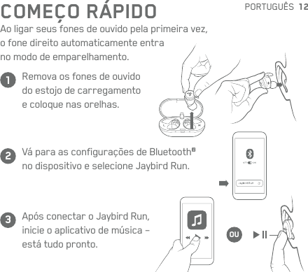 12COMEÇO RÁPIDOAo ligar seus fones de ouvido pela primeira vez,  o fone direito automaticamente entra  no modo de emparelhamento.Remova os fones de ouvido do estojo de carregamento ecoloque nas orelhas.Vá para as configurações de Bluetooth® nodispositivo e selecione Jaybird Run.Após conectar o JaybirdRun, inicieo aplicativo de música – estátudo pronto.123OUPORTUGUÊS