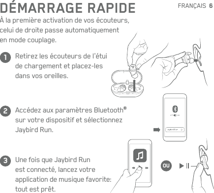 6OUFRANÇAISDÉMARRAGE RAPIDEÀ la première activation de vos écouteurs, celuide droite passe automatiquement enmodecouplage.Retirez les écouteurs de l&apos;étui dechargement et placez-les dansvosoreilles.Accédez aux paramètres Bluetooth® sur votredispositif etsélectionnez JaybirdRun.Une fois que JaybirdRun est connecté, lancez votre application demusiquefavorite: toutestprêt.123