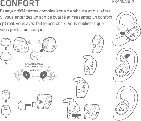 7FRANÇAISCONFORTEssayez différentes combinaisons d&apos;embouts etd&apos;ailettes. Sivous entendez un son de qualité et ressentez un confort optimal, vous avez fait lebonchoix. Vous oublierez que vousportez un casque.EMBOUT D&apos;ANGLE  POUR UN MEILLEUR  CONFORT