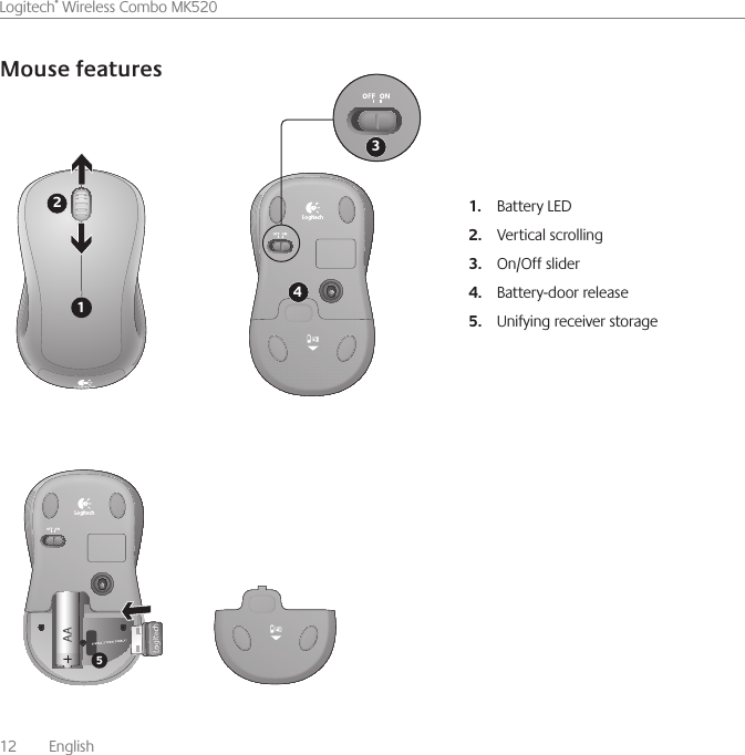 12    English    Logitech® Wireless Combo MK520Mouse features12435Battery LED1. Vertical scrolling2. On/Off slider3. Battery-door release4. Unifying receiver storage5. 