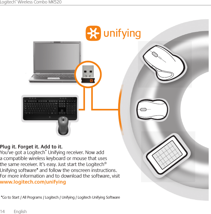 14    English    Logitech® Wireless Combo MK520*Go to Start / All Programs / Logitech / Unifying / Logitech Unifying SoftwarePlug it. Forget it. Add to it.You’ve got a Logitech® Unifying receiver. Now add a compatible wireless keyboard or mouse that uses the same receiver. It’s easy. Just start the Logitech® Unifying software* and follow the onscreen instructions. For more information and to download the software, visit                www.logitech.com/unifying