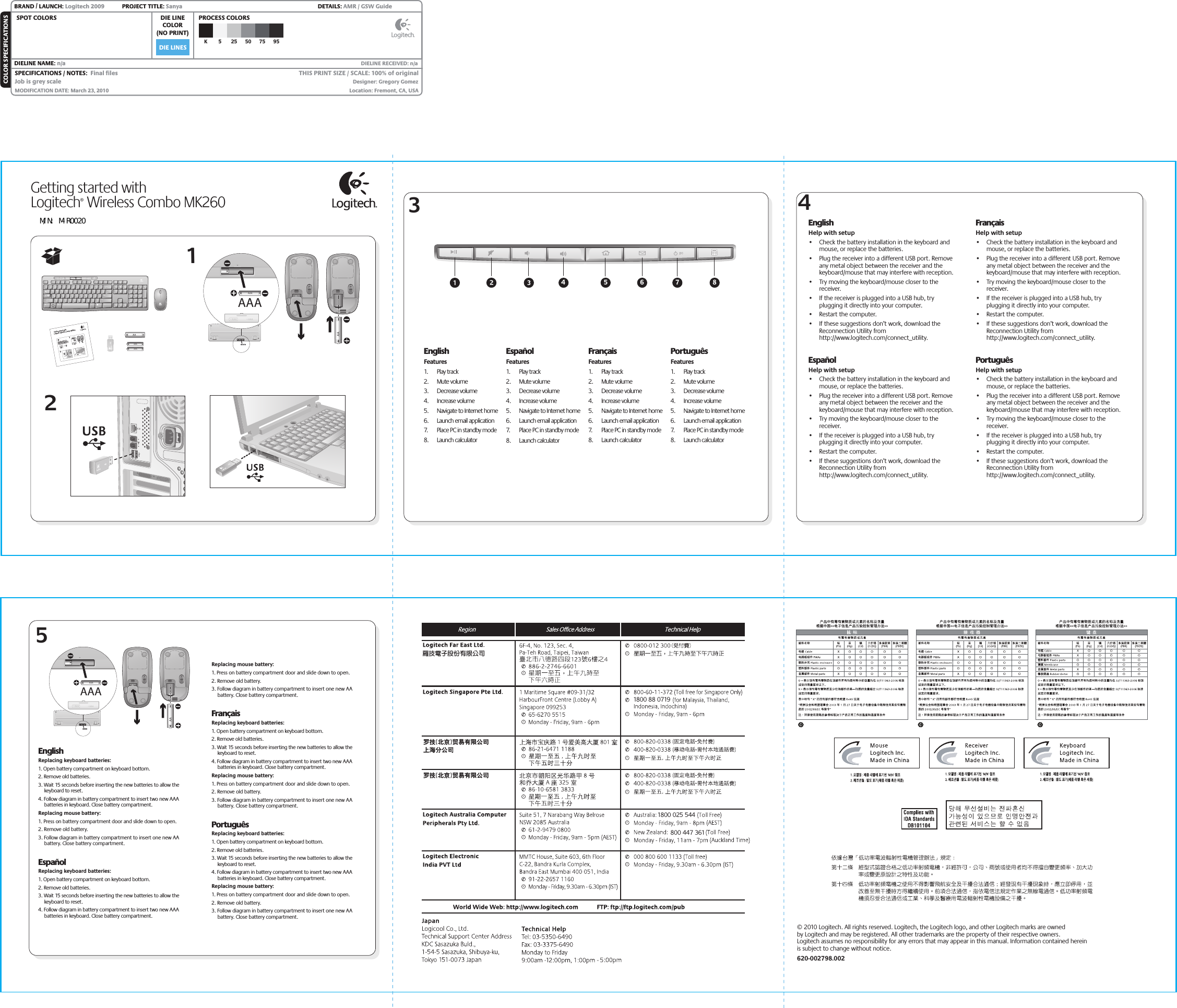 DIE LINESSPOT COLORS PROCESS COLORSCOLOR SPECIFICATIONSBRAND / LAUNCH: Logitech 2009  PROJECT TITLE: Sanya  DETAILS: AMR / GSW GuideK 5 25 50 75 95SPECIFICATIONS / NOTES:  Final filesJob is grey scaleMODIFICATION DATE: March 23, 2010 THIS PRINT SIZE / SCALE: 100% of originalDesigner: Gregory GomezLocation: Fremont, CA, USADIE LINECOLOR(NO PRINT)DIELINE NAME: n/a  DIELINE RECEIVED: n/aGetting started withLogitech® Wireless Combo MK2601245678EnglishFeatures1.  Play track2.  Mute volume3.  Decrease volume4.  Increase volume5.  Navigate to Internet home6.  Launch email application7.  Place PC in standby mode8.  Launch calculator EspañolFeatures1.  Play track2.  Mute volume3.  Decrease volume4.  Increase volume5.  Navigate to Internet home6.  Launch email application7.  Place PC in standby mode8.  Launch calculator  FrançaisFeatures1.  Play track2.  Mute volume3.  Decrease volume4.  Increase volume5.  Navigate to Internet home6.  Launch email application7.  Place PC in standby mode8.  Launch calculatorPortuguêsFeatures1.  Play track2.  Mute volume3.  Decrease volume4.  Increase volume5.  Navigate to Internet home6.  Launch email application7.  Place PC in standby mode8.  Launch calculatorEnglishHelp with setup•  Check the battery installation in the keyboard and mouse, or replace the batteries. •  Plug the receiver into a different USB port. Remove any metal object between the receiver and the keyboard/mouse that may interfere with reception.•  Try moving the keyboard/mouse closer to the receiver. •  If the receiver is plugged into a USB hub, try plugging it directly into your computer.•  Restart the computer.•  If these suggestions don’t work, download the Reconnection Utility from http://www.logitech.com/connect_utility.EspañolHelp with setup•  Check the battery installation in the keyboard and mouse, or replace the batteries. •  Plug the receiver into a different USB port. Remove any metal object between the receiver and the keyboard/mouse that may interfere with reception.•  Try moving the keyboard/mouse closer to the receiver. •  If the receiver is plugged into a USB hub, try plugging it directly into your computer.•  Restart the computer.•  If these suggestions don’t work, download the Reconnection Utility from http://www.logitech.com/connect_utility.FrançaisHelp with setup•  Check the battery installation in the keyboard and mouse, or replace the batteries. •  Plug the receiver into a different USB port. Remove any metal object between the receiver and the keyboard/mouse that may interfere with reception.•  Try moving the keyboard/mouse closer to the receiver. •  If the receiver is plugged into a USB hub, try plugging it directly into your computer.•  Restart the computer.•  If these suggestions don’t work, download the Reconnection Utility from http://www.logitech.com/connect_utility.PortuguêsHelp with setup•  Check the battery installation in the keyboard and mouse, or replace the batteries. •  Plug the receiver into a different USB port. Remove any metal object between the receiver and the keyboard/mouse that may interfere with reception.•  Try moving the keyboard/mouse closer to the receiver. •  If the receiver is plugged into a USB hub, try plugging it directly into your computer.•  Restart the computer.•  If these suggestions don’t work, download the Reconnection Utility from http://www.logitech.com/connect_utility.© 2010 Logitech. All rights reserved. Logitech, the Logitech logo, and other Logitech marks are owned by Logitech and may be registered. All other trademarks are the property of their respective owners. Logitech assumes no responsibility for any errors that may appear in this manual. Information contained herein is subject to change without notice.620-002798.002Getting started withLogitech® Wireless Combo MK26034EnglishReplacing keyboard batteries:1. Open battery compartment on keyboard bottom. 2. Remove old batteries.  3. Wait 15 seconds before inserting the new batteries to allow the keyboard to reset.4. Follow diagram in battery compartment to insert two new AAA batteries in keyboard. Close battery compartment.Replacing mouse battery:1. Press on battery compartment door and slide down to open.2. Remove old battery.3. Follow diagram in battery compartment to insert one new AA battery. Close battery compartment.EspañolReplacing keyboard batteries:1. Open battery compartment on keyboard bottom. 2. Remove old batteries.  3. Wait 15 seconds before inserting the new batteries to allow the keyboard to reset.4. Follow diagram in battery compartment to insert two new AAA batteries in keyboard. Close battery compartment.Replacing mouse battery:1. Press on battery compartment door and slide down to open.2. Remove old battery.3. Follow diagram in battery compartment to insert one new AA battery. Close battery compartment.FrançaisReplacing keyboard batteries:1. Open battery compartment on keyboard bottom. 2. Remove old batteries.  3. Wait 15 seconds before inserting the new batteries to allow the keyboard to reset.4. Follow diagram in battery compartment to insert two new AAA batteries in keyboard. Close battery compartment.Replacing mouse battery:1. Press on battery compartment door and slide down to open.2. Remove old battery.3. Follow diagram in battery compartment to insert one new AA battery. Close battery compartment.PortuguêsReplacing keyboard batteries:1. Open battery compartment on keyboard bottom. 2. Remove old batteries.  3. Wait 15 seconds before inserting the new batteries to allow the keyboard to reset.4. Follow diagram in battery compartment to insert two new AAA batteries in keyboard. Close battery compartment.Replacing mouse battery:1. Press on battery compartment door and slide down to open.2. Remove old battery.3. Follow diagram in battery compartment to insert one new AA battery. Close battery compartment.51800 88 07191800 025 544800 447 361AAAAAA12Getting started withLogitech® Wireless Combo MK260AAAM/N: M-R0020